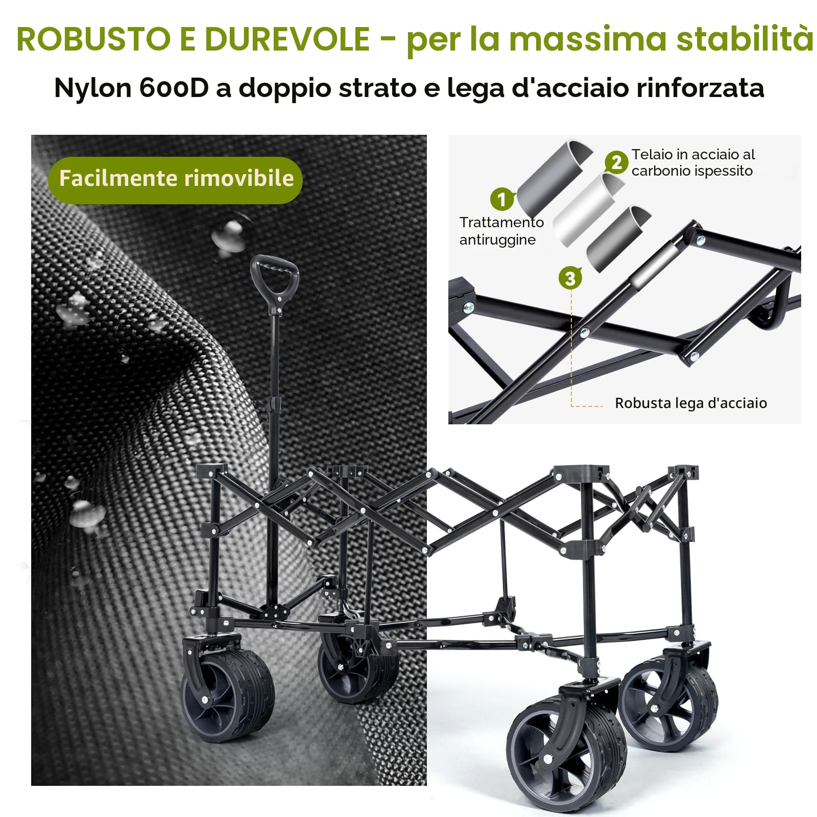 HIKENTURE - Carrellino pieghevole da 135 l, portata: 150 kg, con pneumatici larghi, con freni, carrello per la spesa, colore nero e grigio