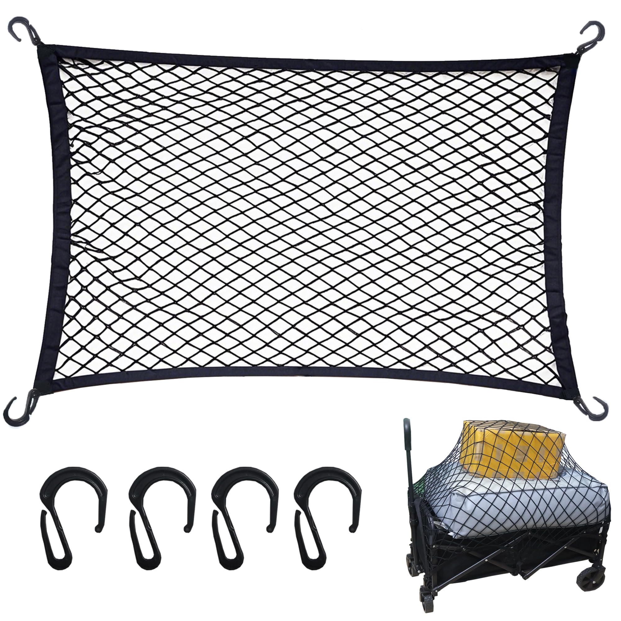 Cargo Net for Utility Folding Wagon, Beach Cart,Trolley Cart, Wagon net Cover,Garden Cart Cover Net - Elastic Heavy Duty Nylon Net with 4 Hooks (35.5"×23.6" to 71"×47") (4)