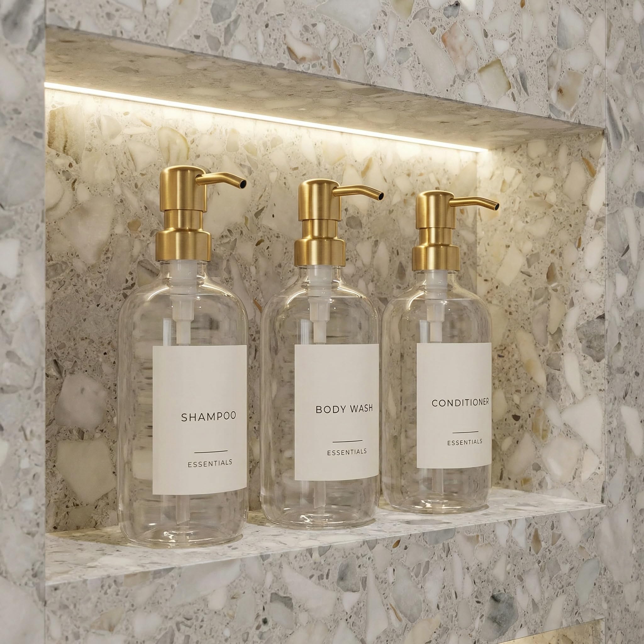 Stylish Shampoo and Conditioner Dispenser Set of 3 - Modern 21oz Shower Soap Bottles with Pump and Labels - Easy to Refill Body Wash Dispensers for an Instant Bathroom Decor Upgrade Clear-image-10