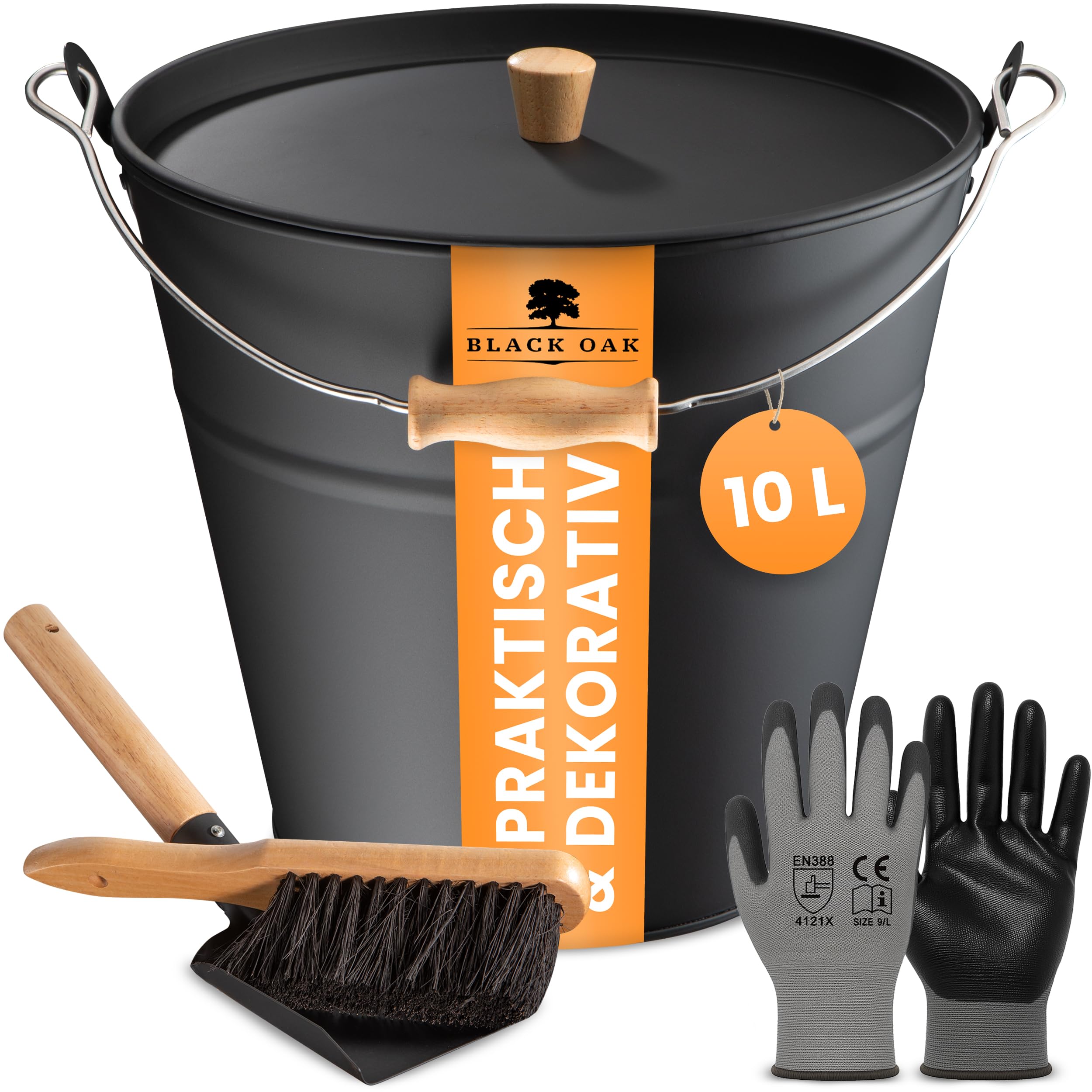 BLACK OAK Cubo de ceniza Fuego 10 l – negro con tapa con mango de madera + cepillo + pala y guantes – 10 l acero galvanizado y recubierto de polvo cubo para cenizas, carbón, pellets accesorios