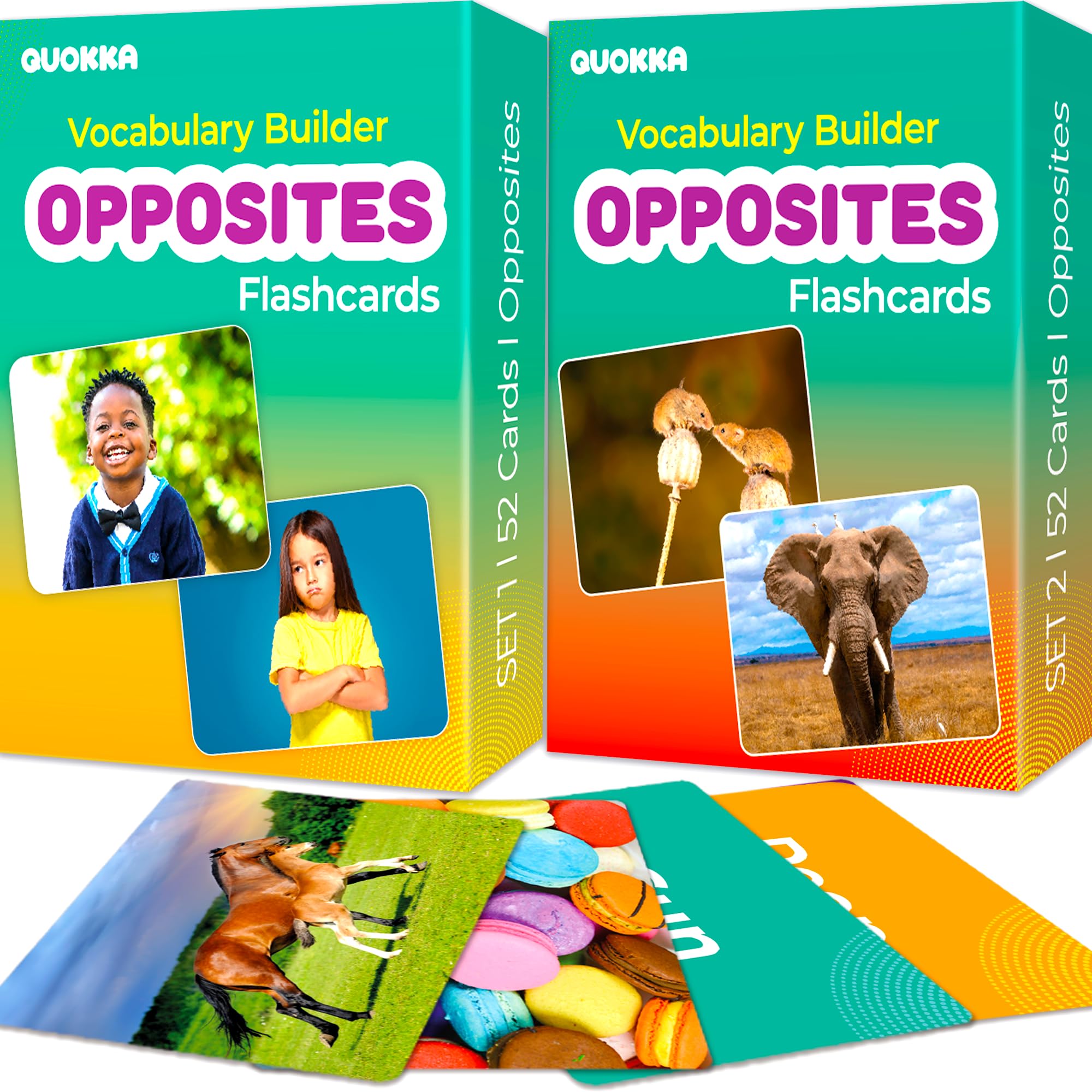 QUOKKA 104 Opposites Vocabulary Flash Cards with Realistic Images for Pre-K and Kindergarten - Perfect for Teachers, Parents, and Speech Development Activities - Vocabulary Builder for Kids Adults