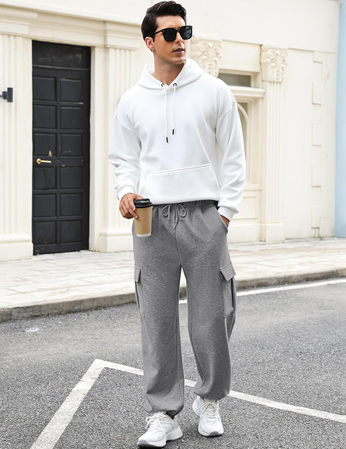 Men's Fleece Cargo Sweatpants Loose Fit Cotton Joggers with 5 Pockets Open Bottom for Gym Hiking Casual Wear - Image 3