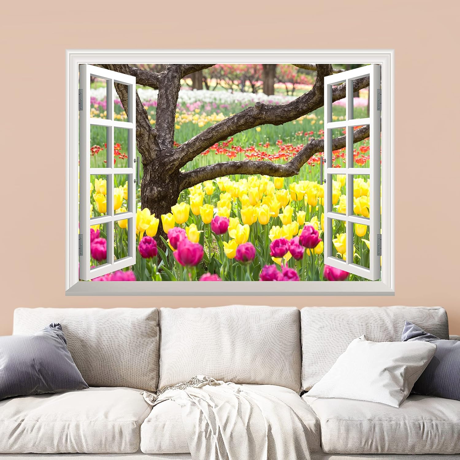wall26 Removable Wall Sticker/Wall Mural - Bed of Tulips | Creative Window View Wall Decor - 36"x48"