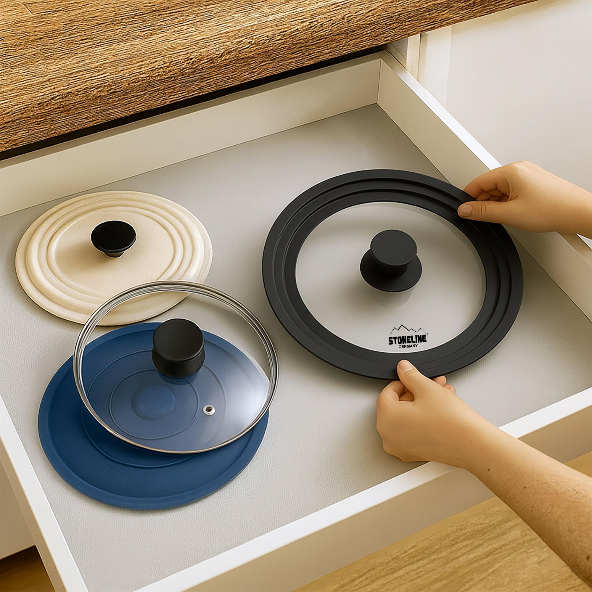 STONELINE - Tapa universal de cristal para estufas, ollas ollas de 24/26/28 cm, borde de silicona, tapa multifunción resistente al calor, 3 tamaños, color negro