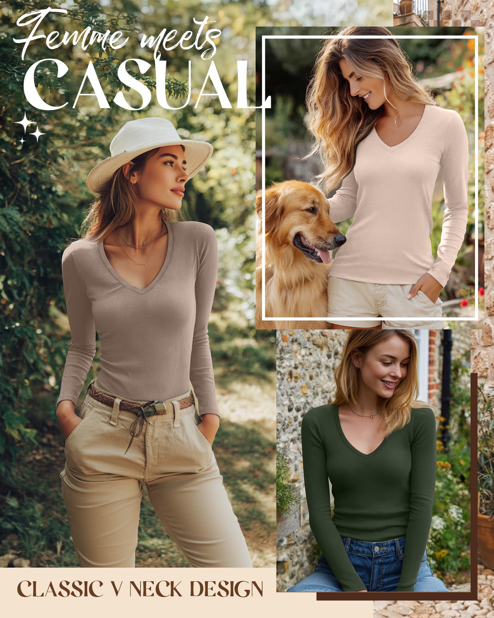 Riyiper 3 Pack Women Long Sleeve Shirts, 95% Cotton V Neck Ribbed Knit Tops Slim Fit Casual Going Out Tee Shirts