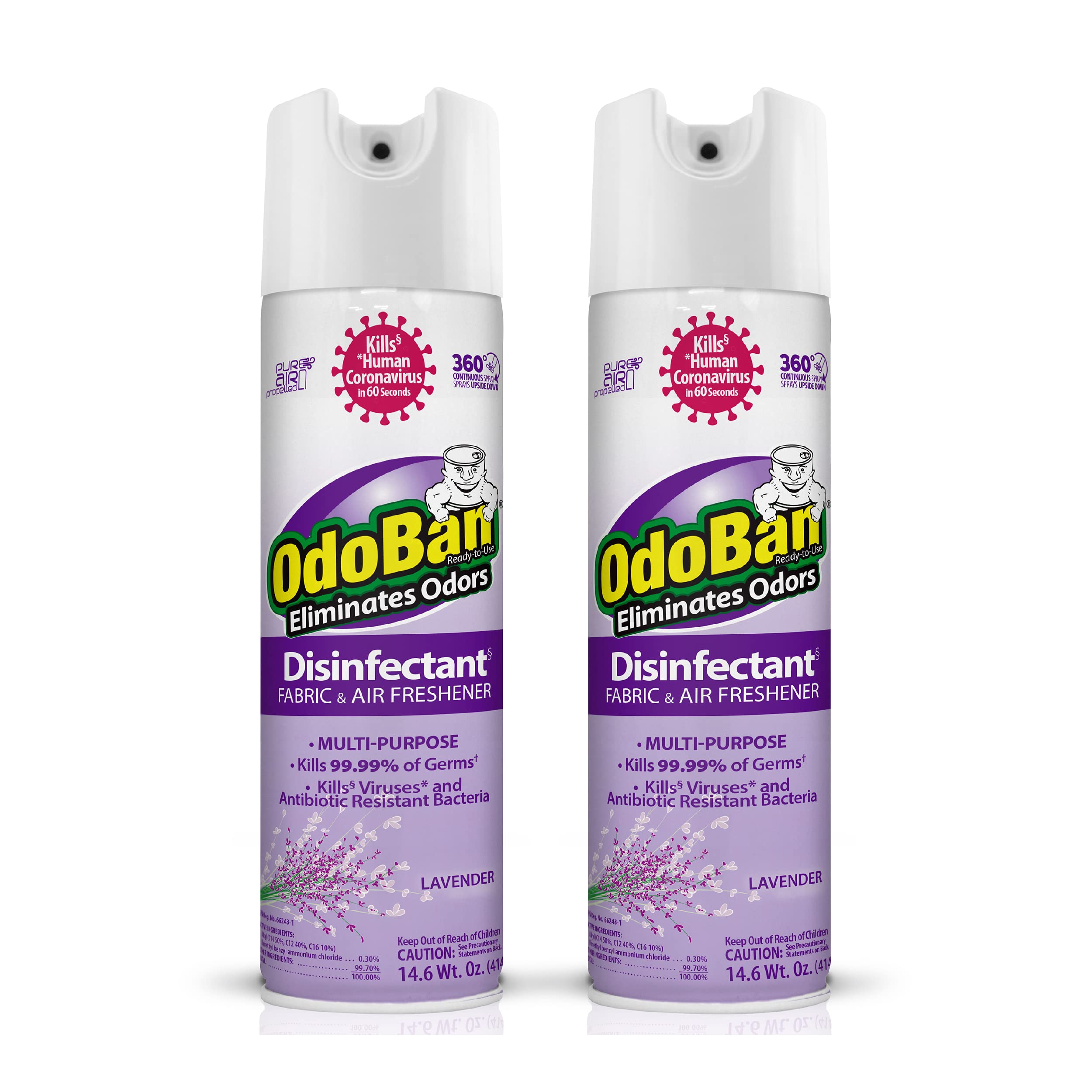 OdoBan Ready-to-Use 360-Degree Continuous Spray Disinfectant and Harsh Aroma Eliminator, Fabric and Air Freshener, 2 Pack, 14.6 Ounces Each, Lavender Scent