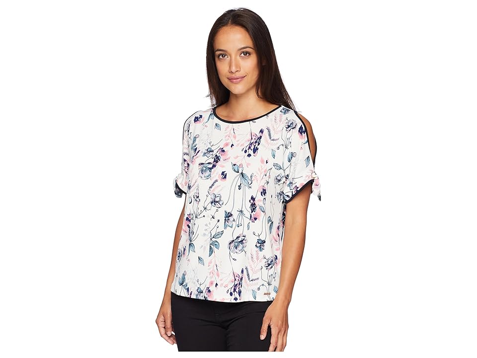 

Ivanka Trump Printed Cold Shoulder Top with Open Hem (Ivory/Gumdrop) Women's Clothing, Multi