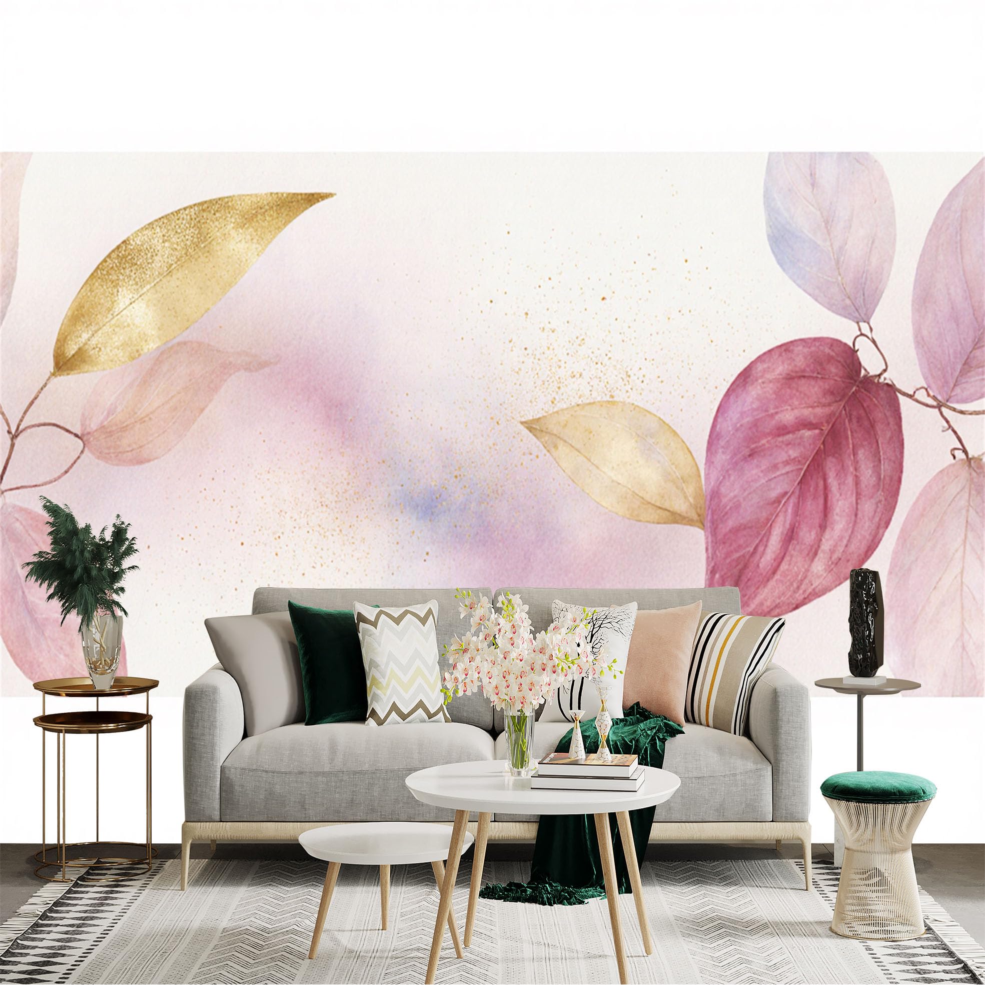Custom Size Wall Sticker Mural， Abstract Pink Leaves， Golden Foliage Texture， Watercolor Botanical Art， Soft Pastel Background， for wall Decoration， peelandstick wall Decals.