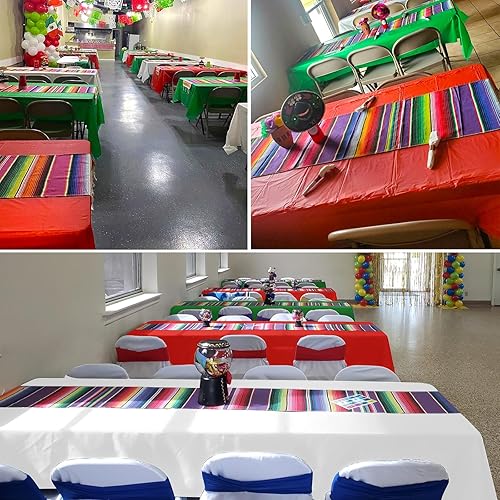 Miniatura 7 de Juego de camino de mesa mexicano 6+6 y mantel de plástico, mantel de fiesta y camino de mesa de serape, decoración de fiesta, blanco, rojo, verde,