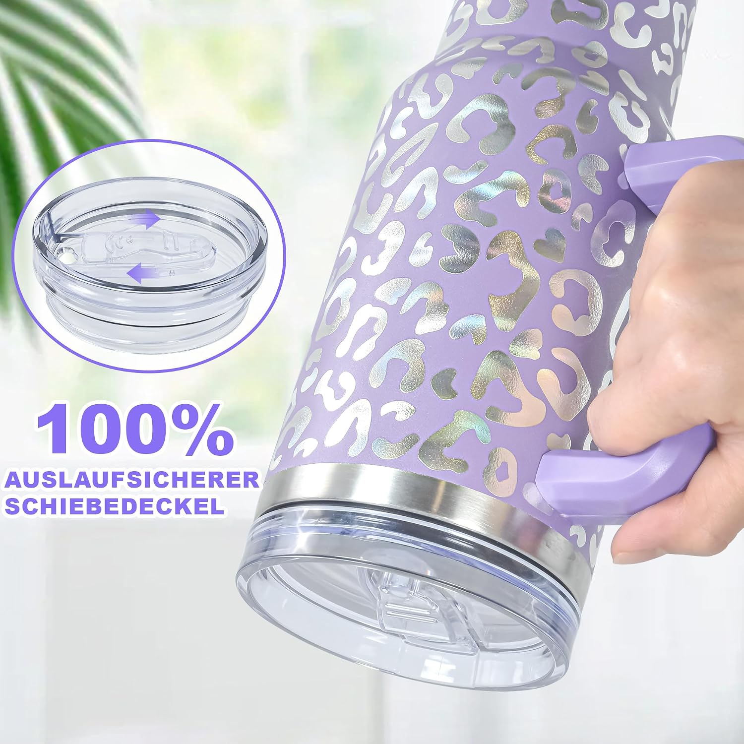 40 oz Tumbler with Handle and Straw, 100% Leak-Proof Travel Mug, Stainless Steel Double Wall Vacuum Insulated Coffee Cup Keeps Cold For 34 Hours, Dishwasher Safe, Lavender Leopard image 3