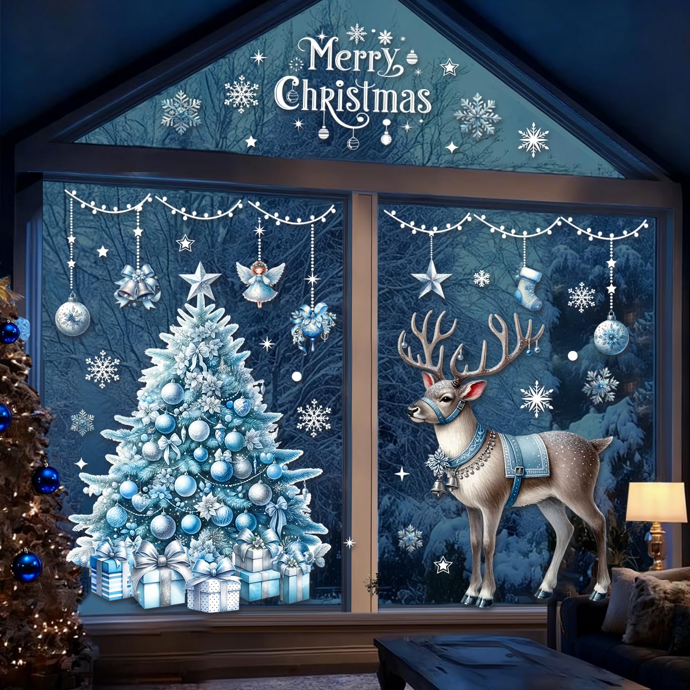 Gaeep Blue Christmas Window Stickers Large, 118 Pcs Xmas Window Clings Reusable, Double Sided Big Windows Decals Christmas Scene For Shop Xmas Decorations With Snowflake Reindeer Tree For Glass Door