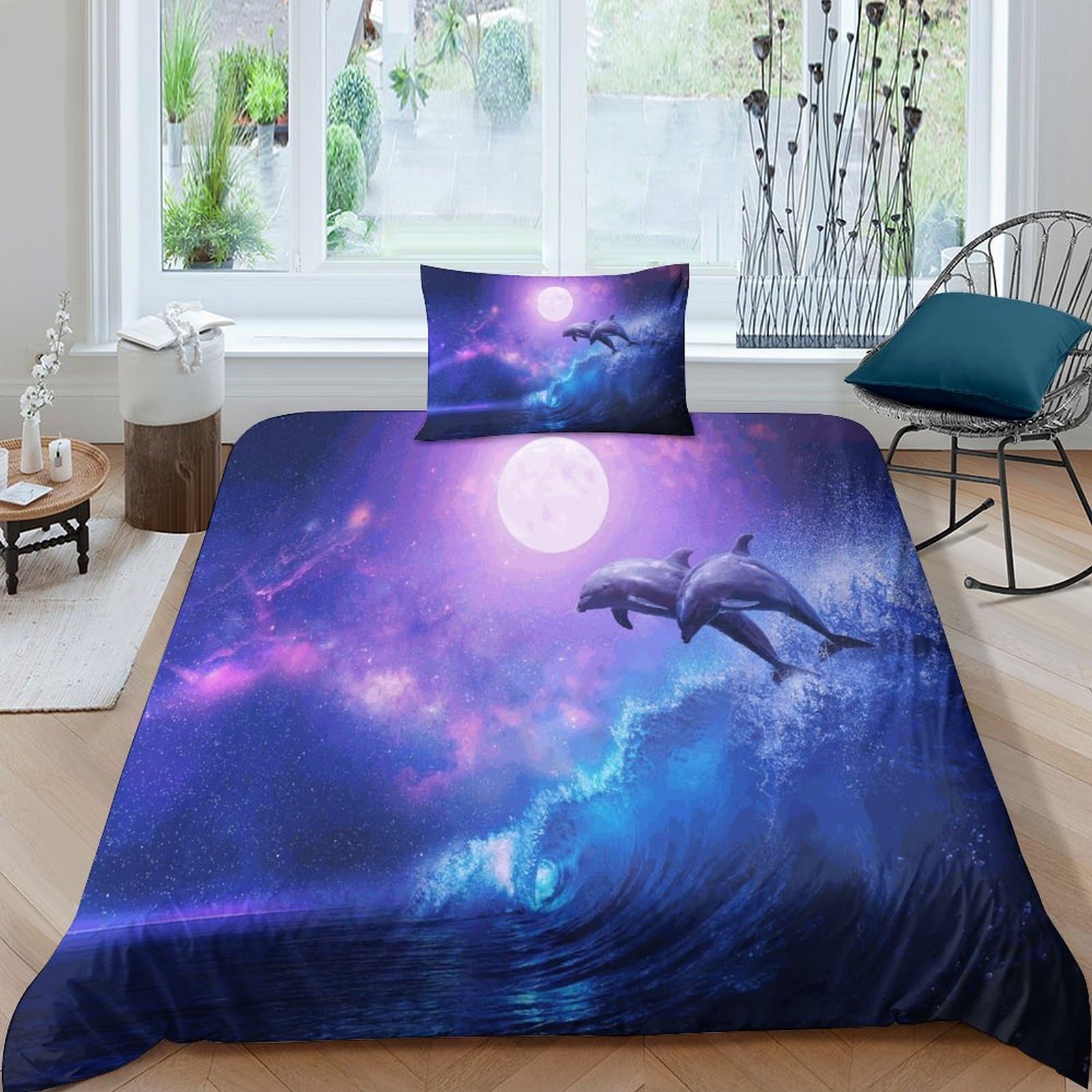 MXRMXR Dolphin 2 piece Set 3D Printed Duvet Cover Bed Set, Bedding Set, Soft Microfiber Comforter Cover Quilt Cover & Pillowcases with Zipper Closure Single（135x200cm）