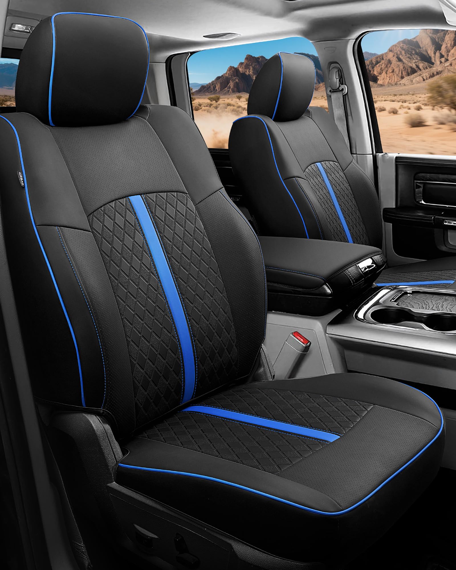 Leather Car Seat Covers for Dodge Ram 1500 4 Door 2012-2018 Crew Cab, Custom Fit Truck Seat Protectors Full Set, Black Blue (Bucket Seat with 40/60 Split Rear Curved Bench)