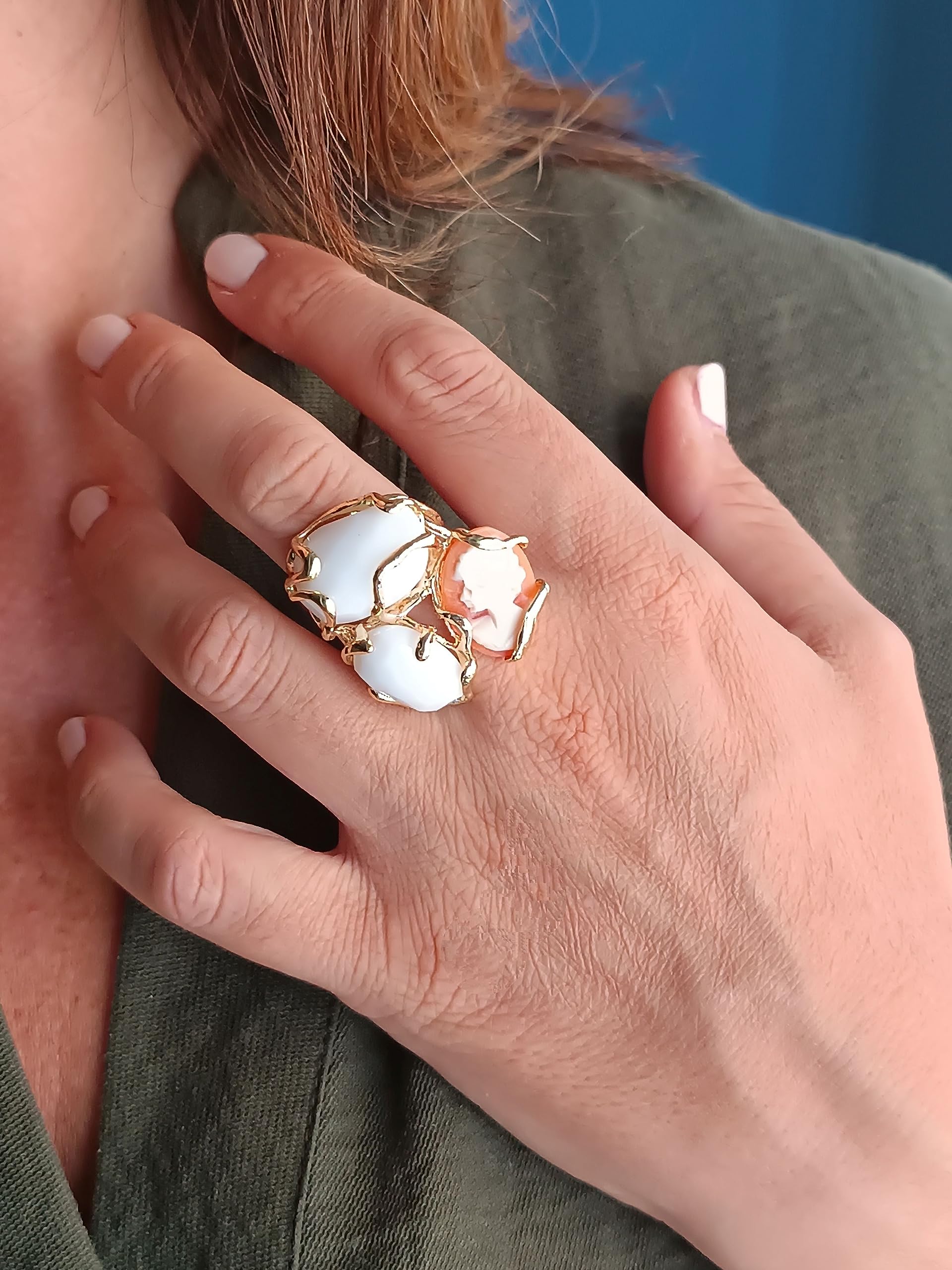 Anello Triplo con Agata Bianca e Cammeo Conchiglia