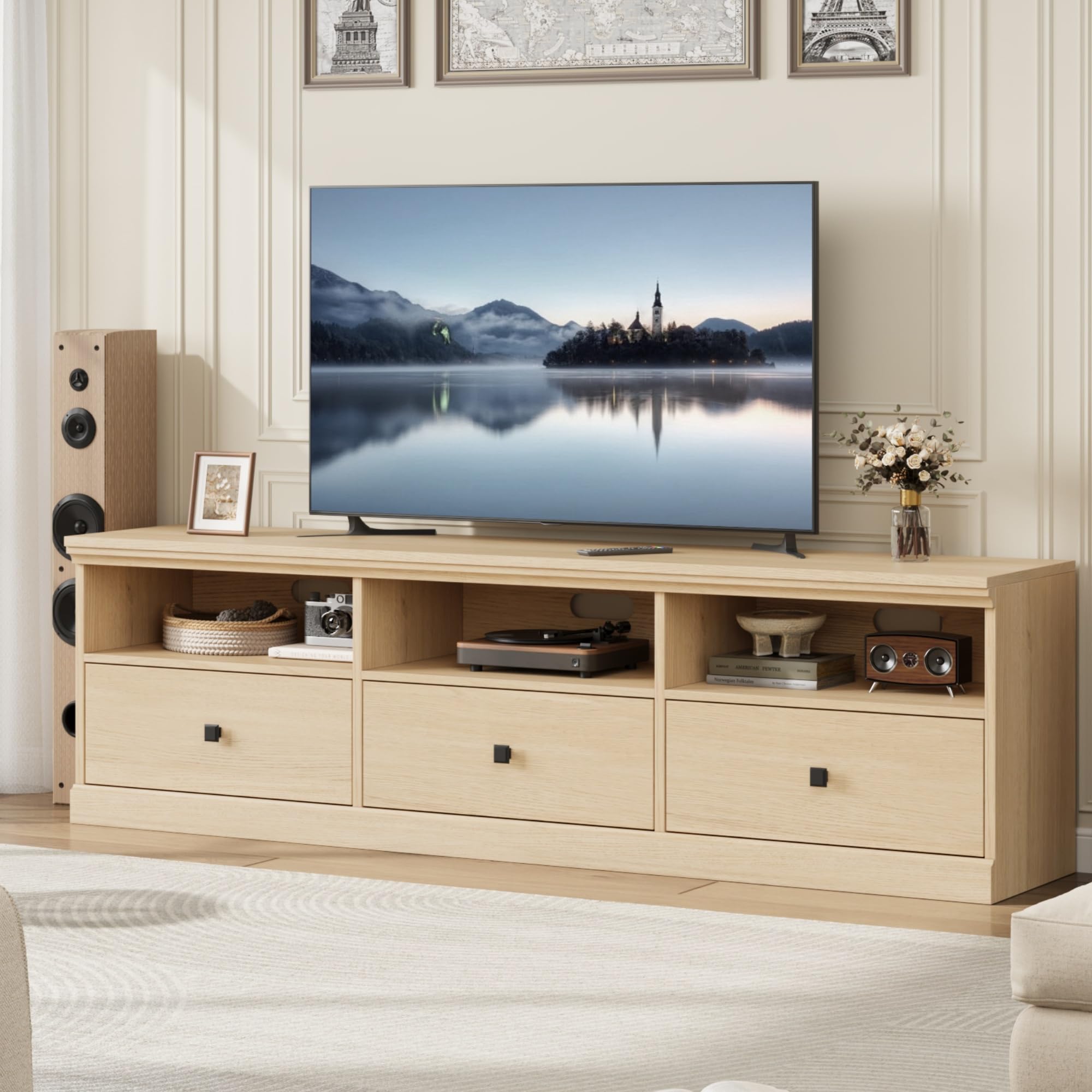 Garvee 70 Inch Mid-Century Modern TV Stand for 65/70/75 in TV, Entertainment Center with 3 Storage Drawers & Open Shelves, Media Cabinet for Living Room Bedroom, Light Oak