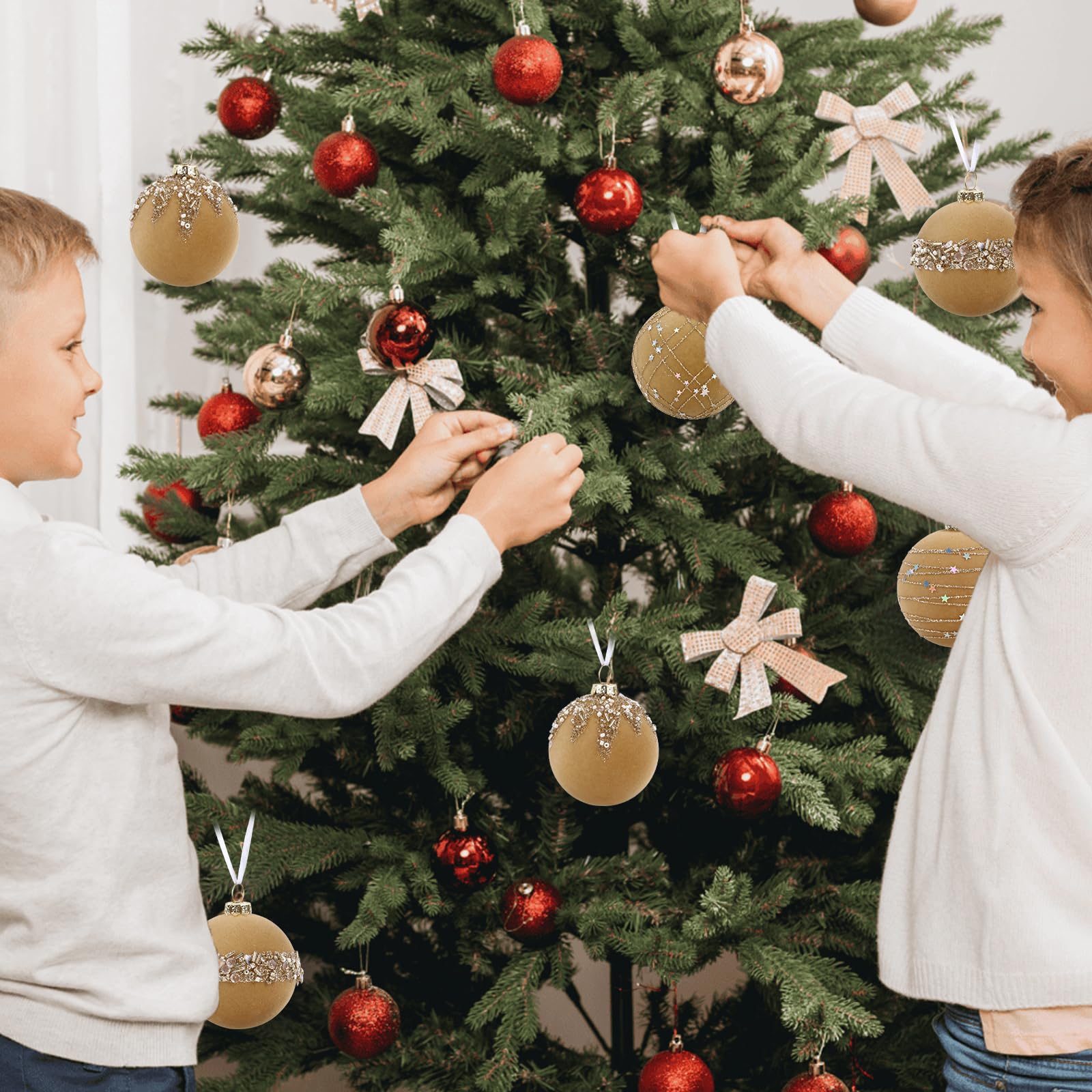 IPOPU 12 Stück 6 cm Samt-Glitzer-Weihnachtskugeln, Khaki, Weihnachtsbaumkugeln, Ornamente, Weihnachtskugel-Set für Urlaub, Hochzeit, Party, Tischdekoration (Khaki)