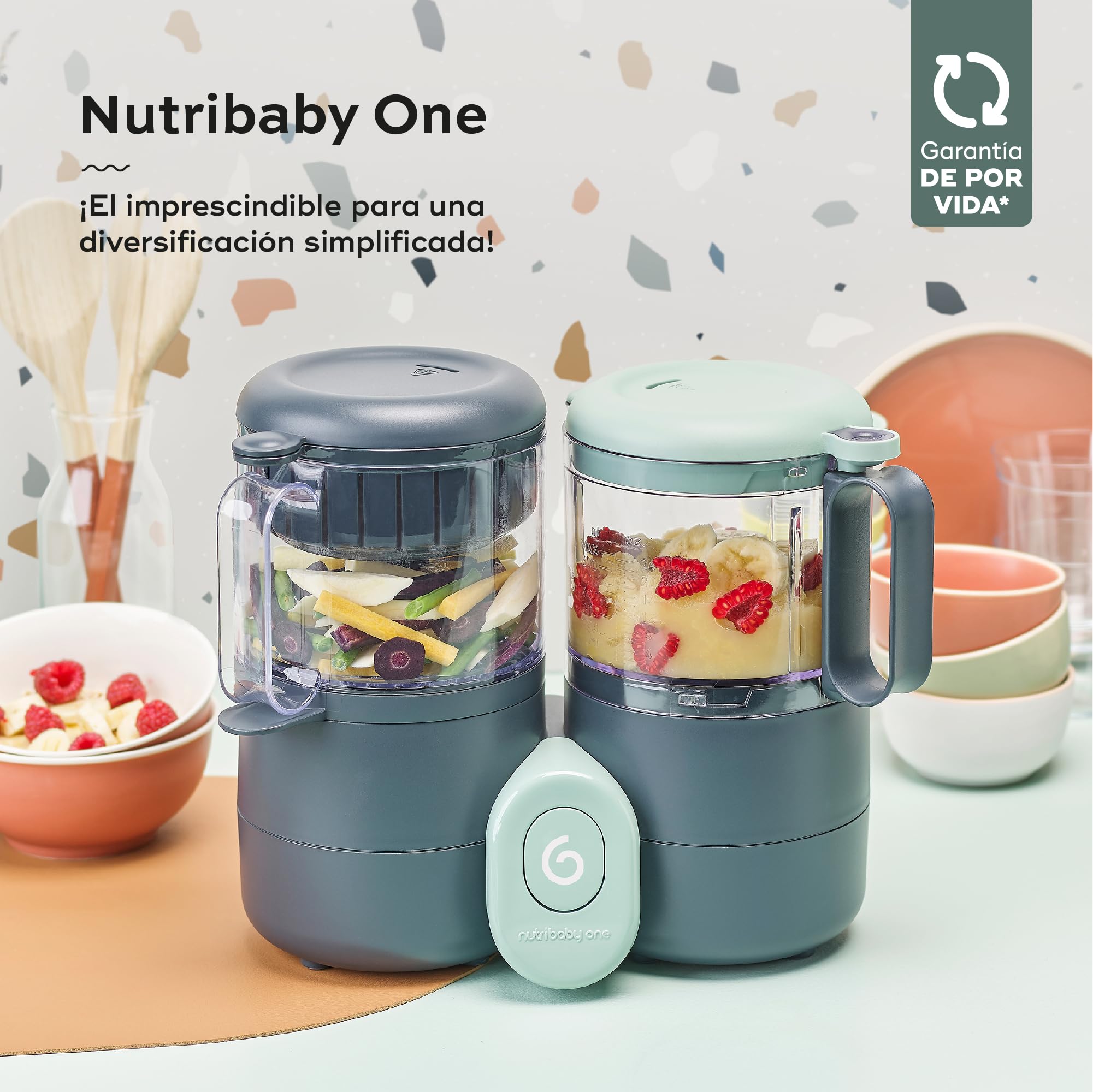 Babymoov Robot multifuncional para bebés Nutribaby One 4 en 1, vapor-batidora, diversificación dietética, pequeñas ollas caseras para bebés, cocción rápida y suave al vapor, Gris