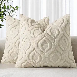 decorUhome Fall Throw Pillow Covers 20x20 Inch Set of 2, Soft Plush Decorative Faux Fur Beige Solid Couch Pillow Covers, Accent Farmhouse Neutral Square Euro Pillow Cases for Sofa Bed Living Room