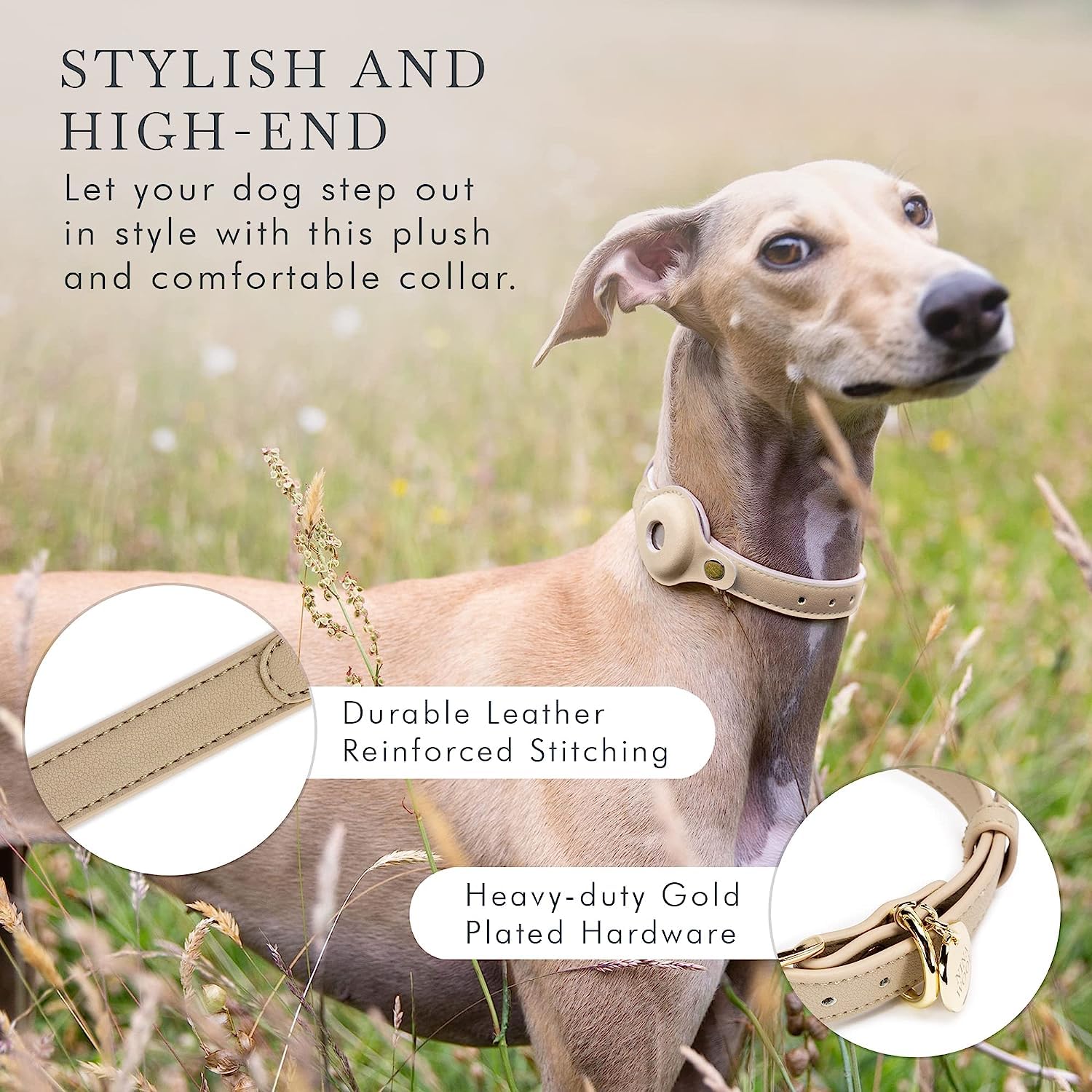 NINA WOOF - Cupertino Collare per Cani Compatibile con Airtag 2021, Regolabile, Pettorine e Guinzagli in Pelle Vegana con Localizzatore per Cani (Media (Collo: 15x19"))