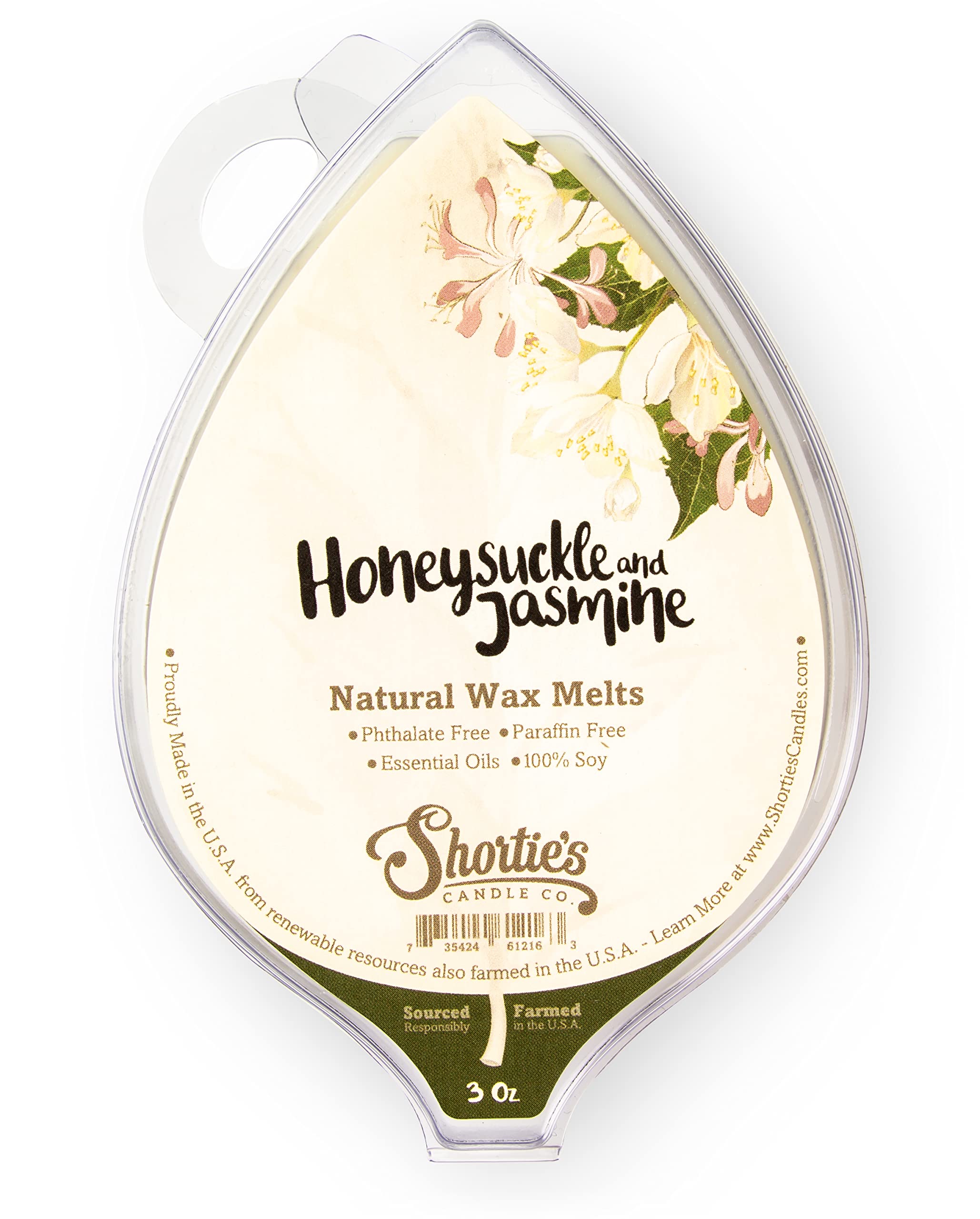 Honeysuckle Jasmine Natural Soy Wax Melts - 1 Highly Scented 3 Oz. Bar - Made with 100% Soy and Essential Fragrance Oils - Phthalate & Paraffin Free, Vegan, Non-Toxic