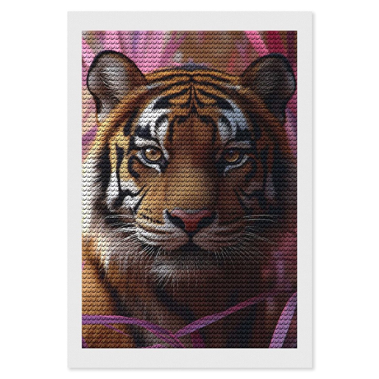 Junmoney Tiger Portrait with Pink Foliage Diamond Painting Canvas Kit 8"x12", Round Gems, Living Room Decor, Seasonal Gift Choice, Modern Decor