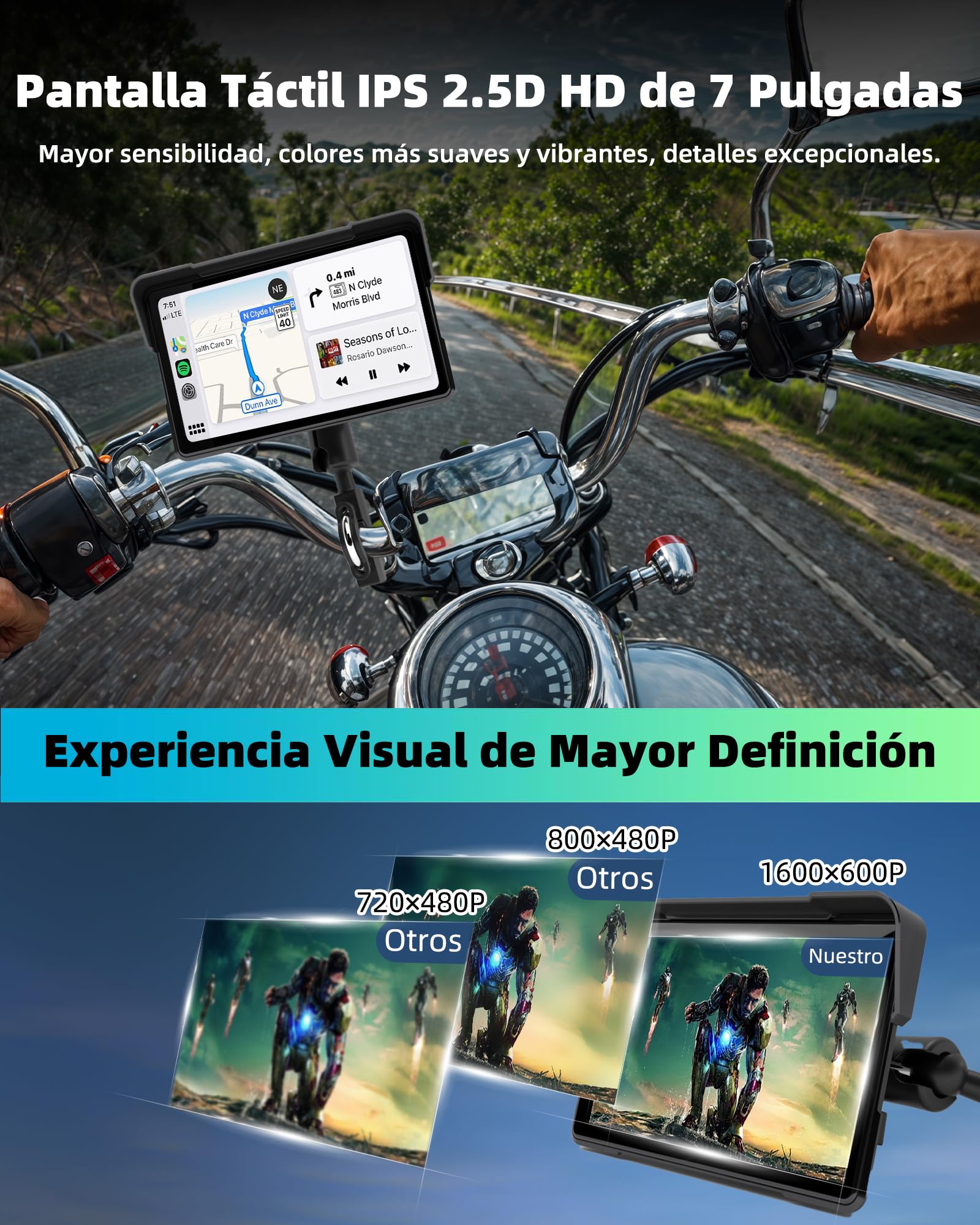 Jansite 7 Pulgadas Carplay Moto Android Auto GPS Moto Navegador con Doble Bluetooth Impermeable IP67 Tarjeta Carplay para Moto Siri/Google/Navi - 3