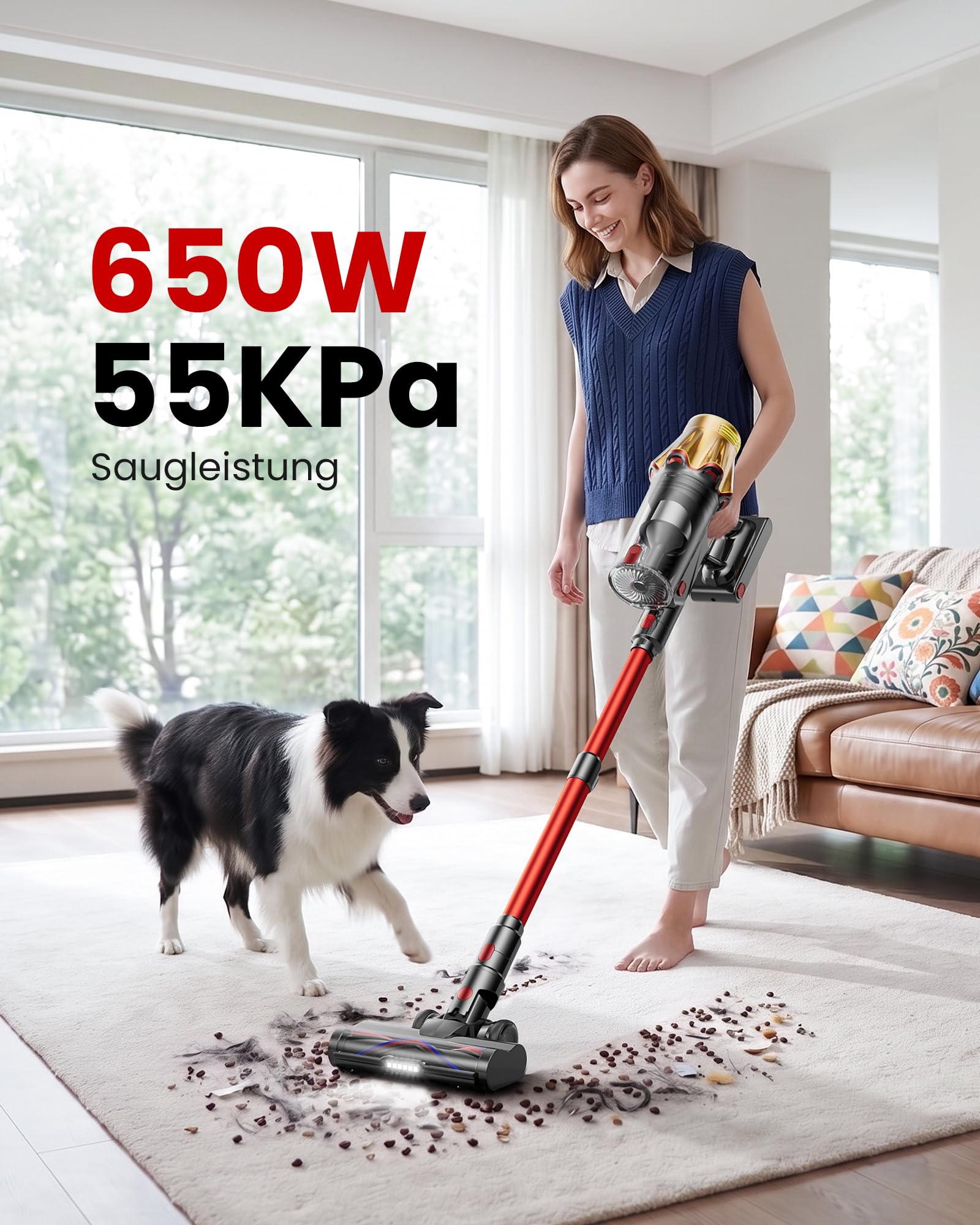 Akku Staubsauger 55KPa/650W/70Min, 1,8L Großer Staubsauger Kabellos LED Display, Anti-Tangle-Bürste, Selbststehend, Wandladestation, 1.5M Schlauch, Ultraleise, für Tierhaare/Teppiche/Hartböden/Auto