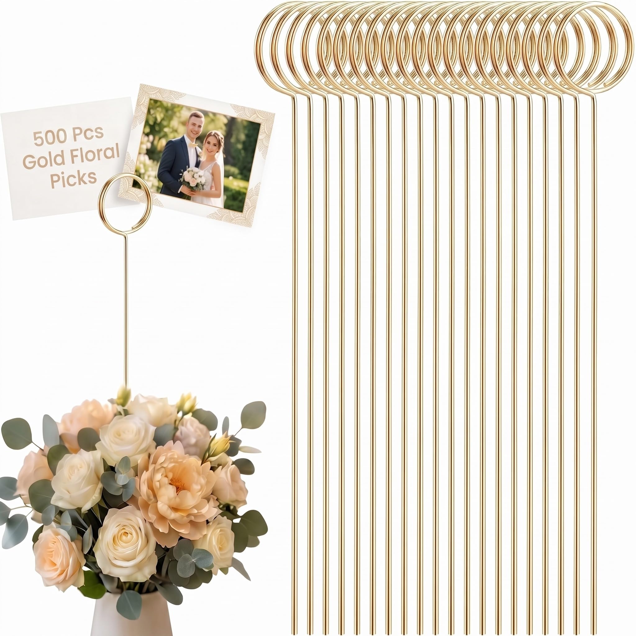 500 Pcs Floral Card Holder Picks, 12'' Gold Metal Ring Sticks for Weddings
