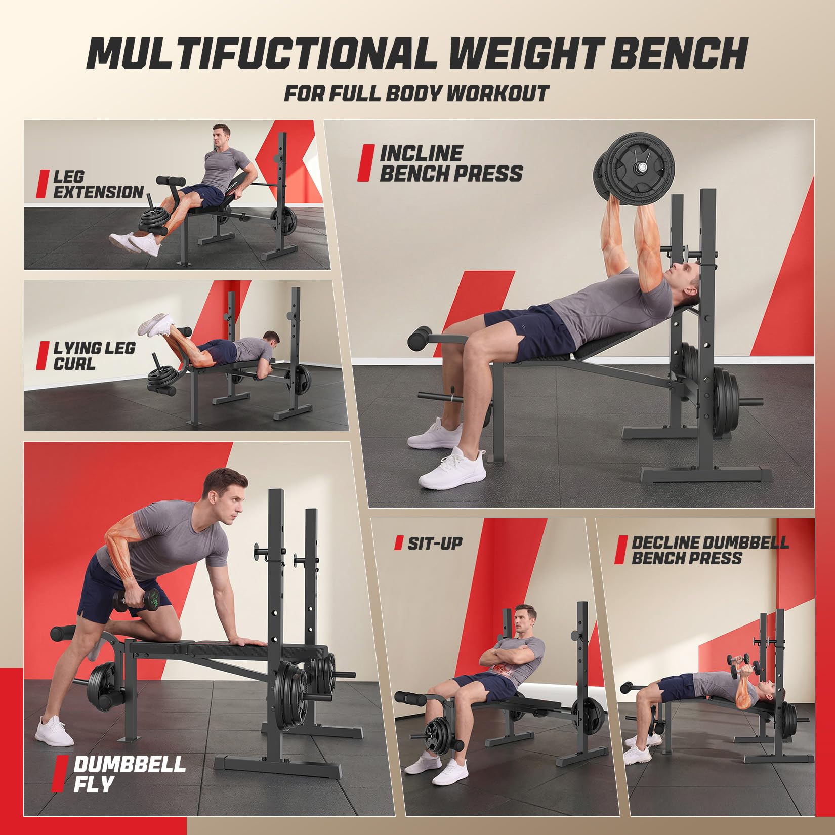 Weight Bench Set, Multi-Function Adjustable Bench Press with Squat Rack Leg Extension & Leg Curl Workout Bench Foldable Workout Bench Flat/Incline/Decline Upgrade Weight Benches for Home Gym