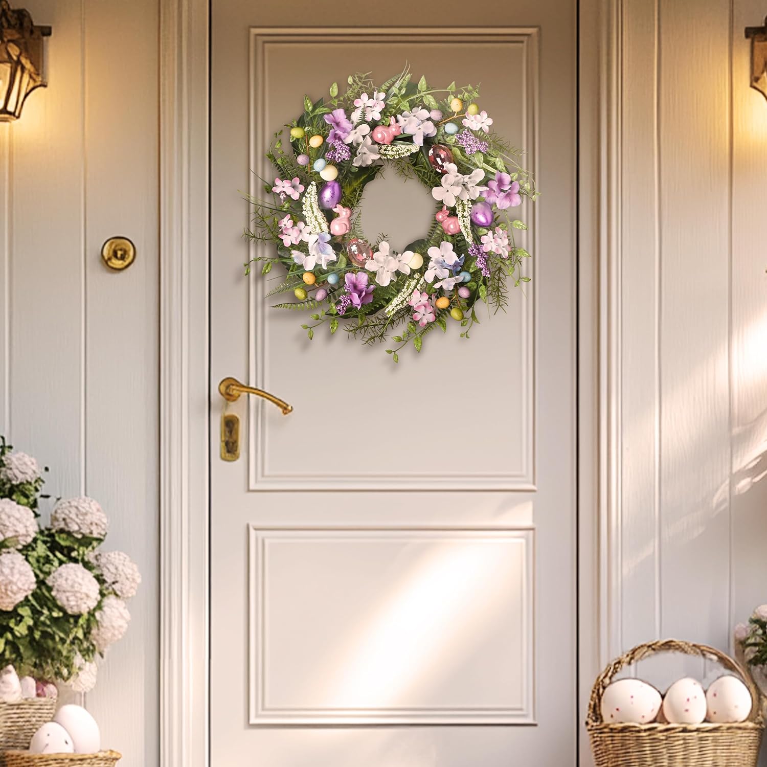 DecorbyHannah Easter Egg Wreaths for Front Door, 22" Spring Door Wreath with Hydrangeas Flowers, Artificial Floral Wreath with Pastel Electroplated Eggs for Home Wall Window Indoor Outdoor Decor