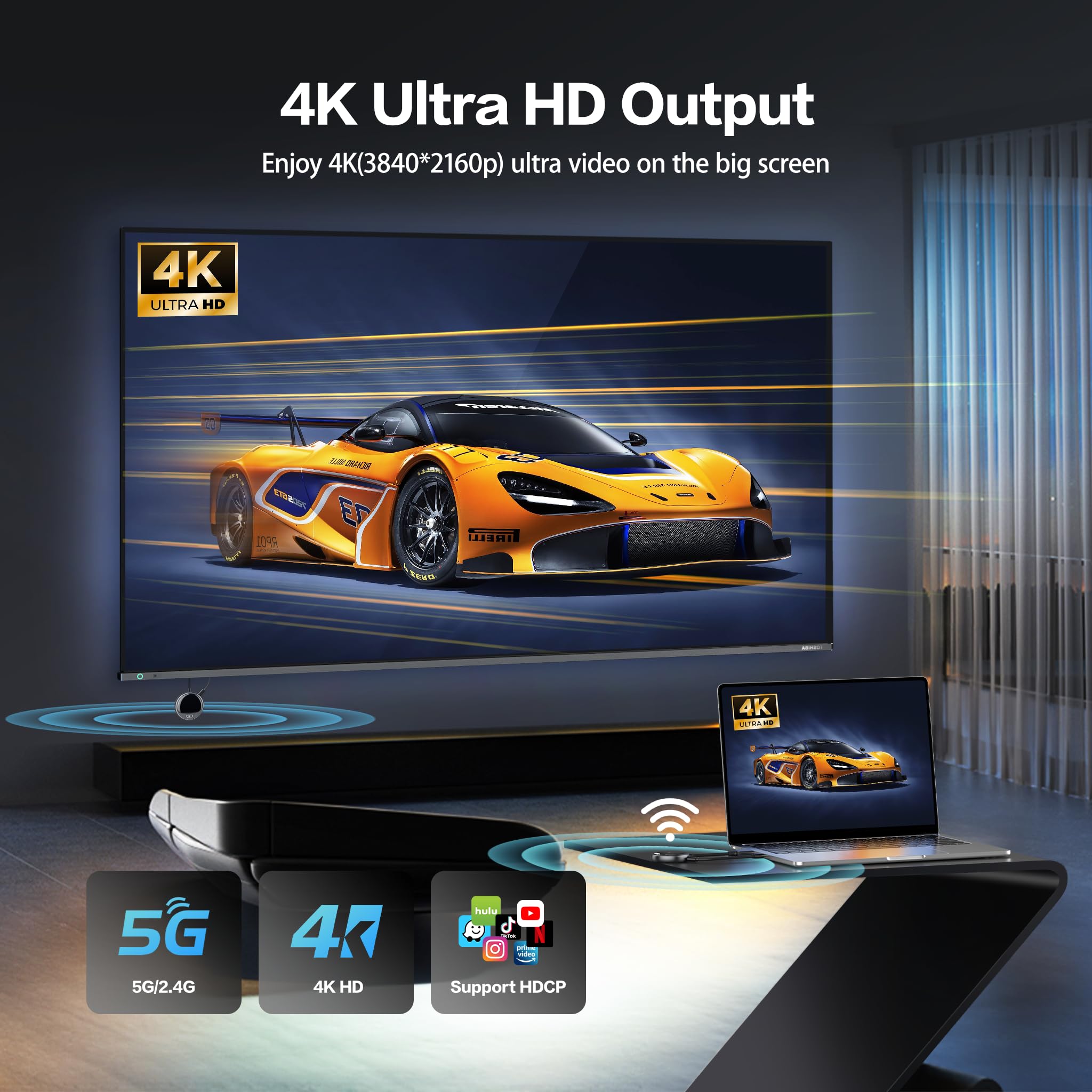Bezprzewodowy nadajnik HDMI 4K z inteligentnym ekranem, bezprzewodowy nadajnik HDMI 1080P do 60 Hz. Transmisja wideo 2,4/5G z komputera, obudowy do telewizora, monitora lub projektora - 165FT/50M