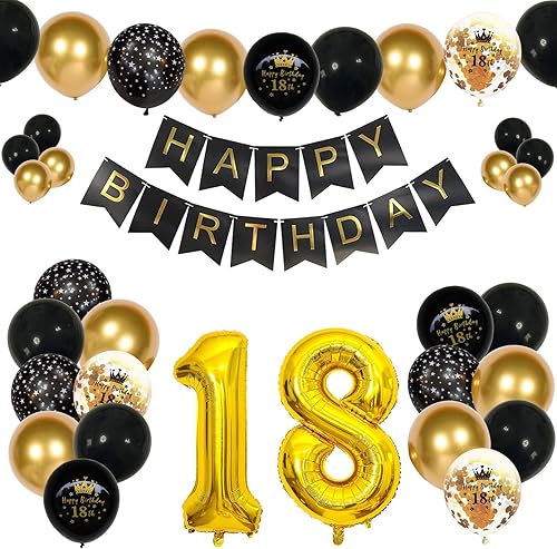 Miniatura 7 de Decoraciones de cumpleaños número 18 para niños, globos negros y dorados, kit de arco de guirnalda con el número 18, globo de confeti de papel de