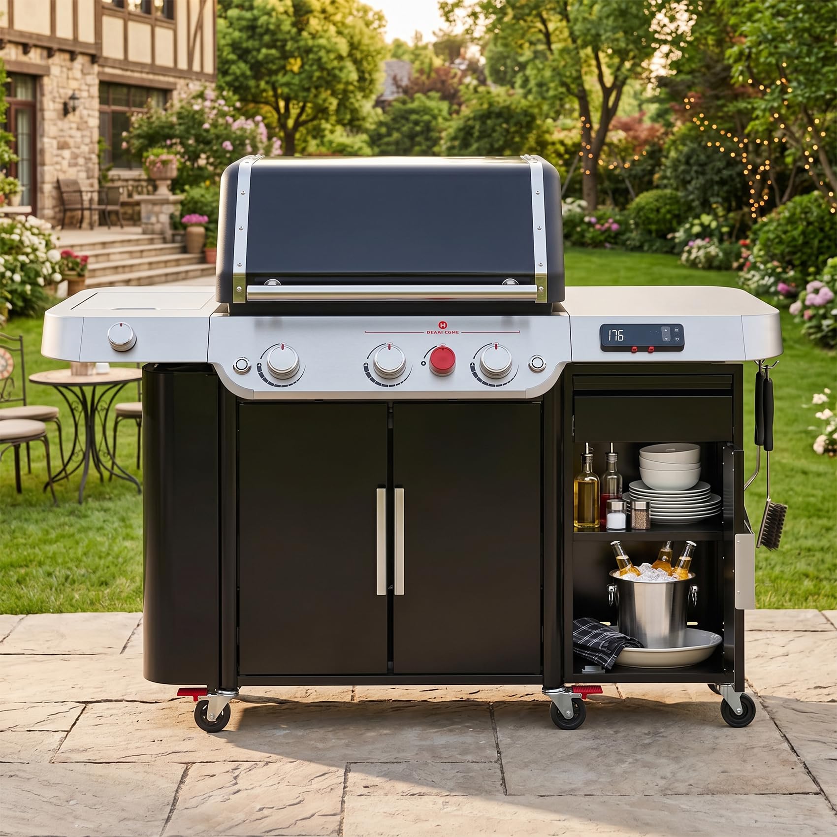 onlyfire Grill Beistellschrank für Weber Genesis 2022, Mobiler Gasgrill Seitenschrank mit Gewürzschublade, Küchenrollenhalter & Rollen, Outdoorküche Erweiterung für Genesis S/E/EX/EPX 325 335 425 435