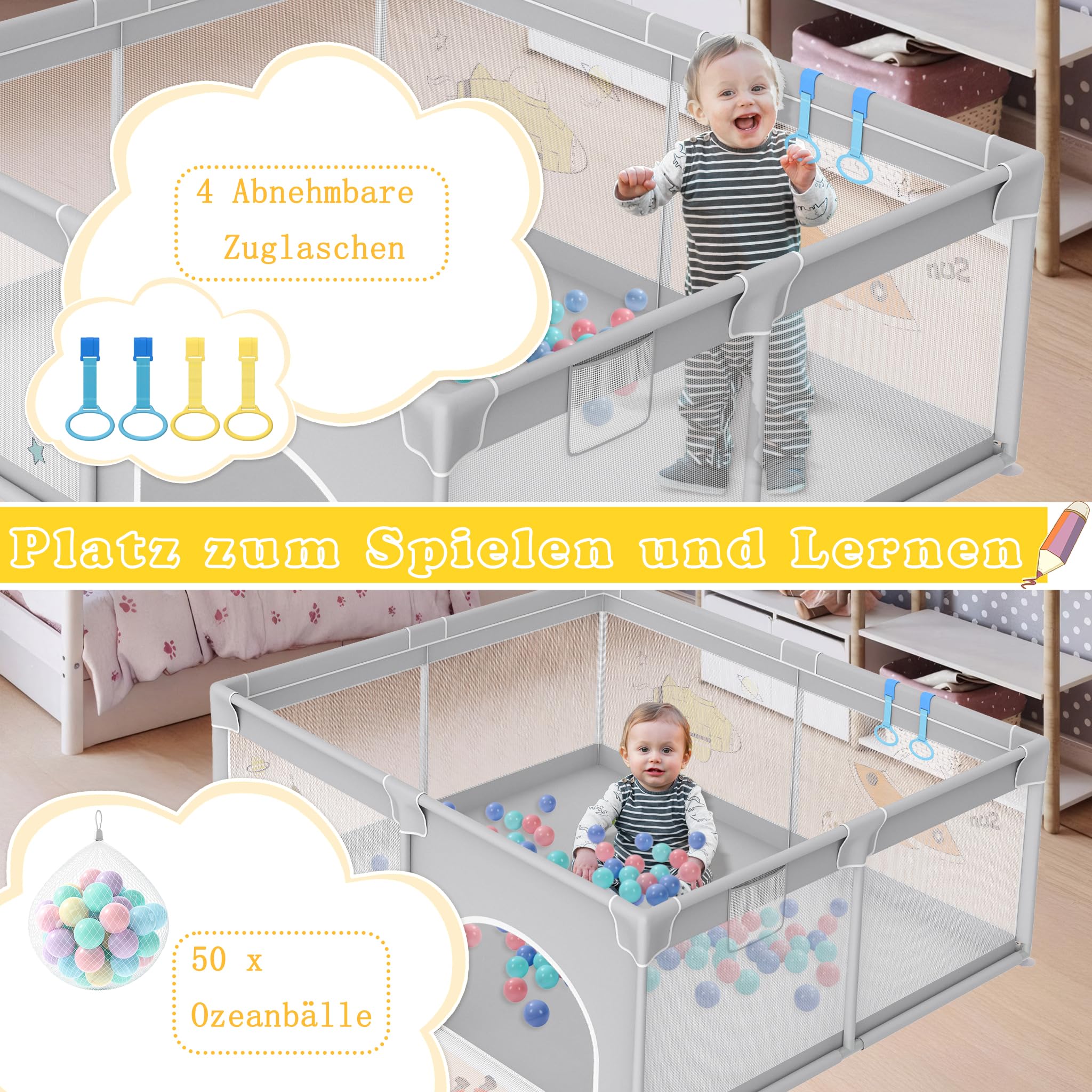 FIVMEN Kojec dla niemowląt, 180 x 200 cm, z 50 piłkami do zabawy, 1 kratką do raczkowania i 4 pierścieniami do ciągnięcia, przenośny kojec dla dzieci, mały kojec, szary