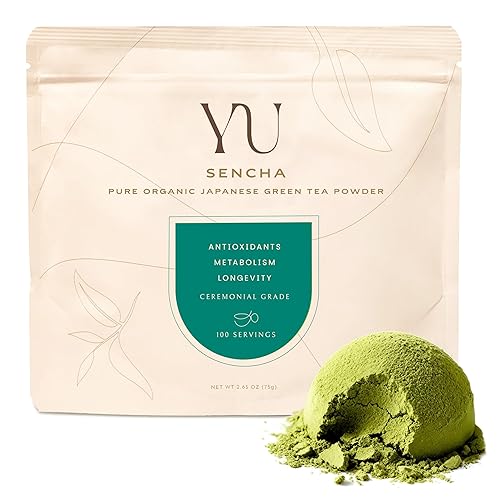 Yu Tea Organic Sencha Green Tea Powder, 100 porciones, rico en antioxidantes, EGCG y L-teanina, hoja japonesa pura de la primera cosecha, baja en