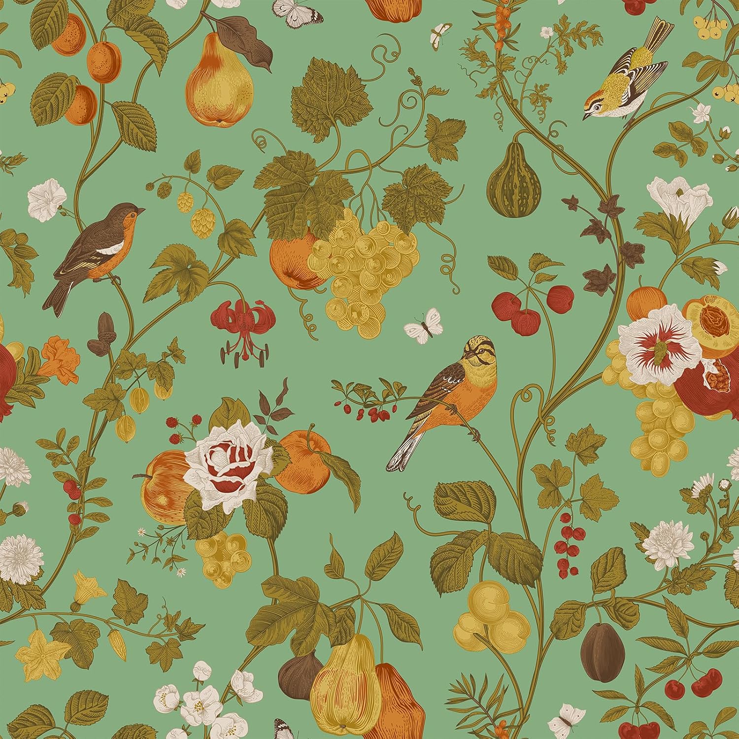 VEELIKE Antique Bird Wallpaper Stick and Peel Dark Mustard Chinoiserie Wallpaper for Bedroom Bathroom 17.7''x118'' Vintage Fruits Floral Wallpaper Removable Adhesive Yellow Contact Paper for Cabinets
