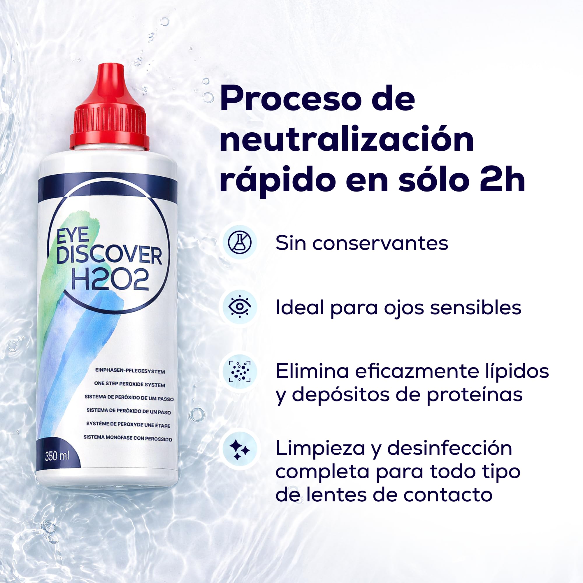 Líquido Lentillas con Peróxido de Hidrógeno Pack 2 x 350 ml para todo tipo de Lentes de Contacto sin Conservantes, Ojos Secos y Sensibles + 90 Comprimidos y Estuche Portalentes | EYE DISCOVER