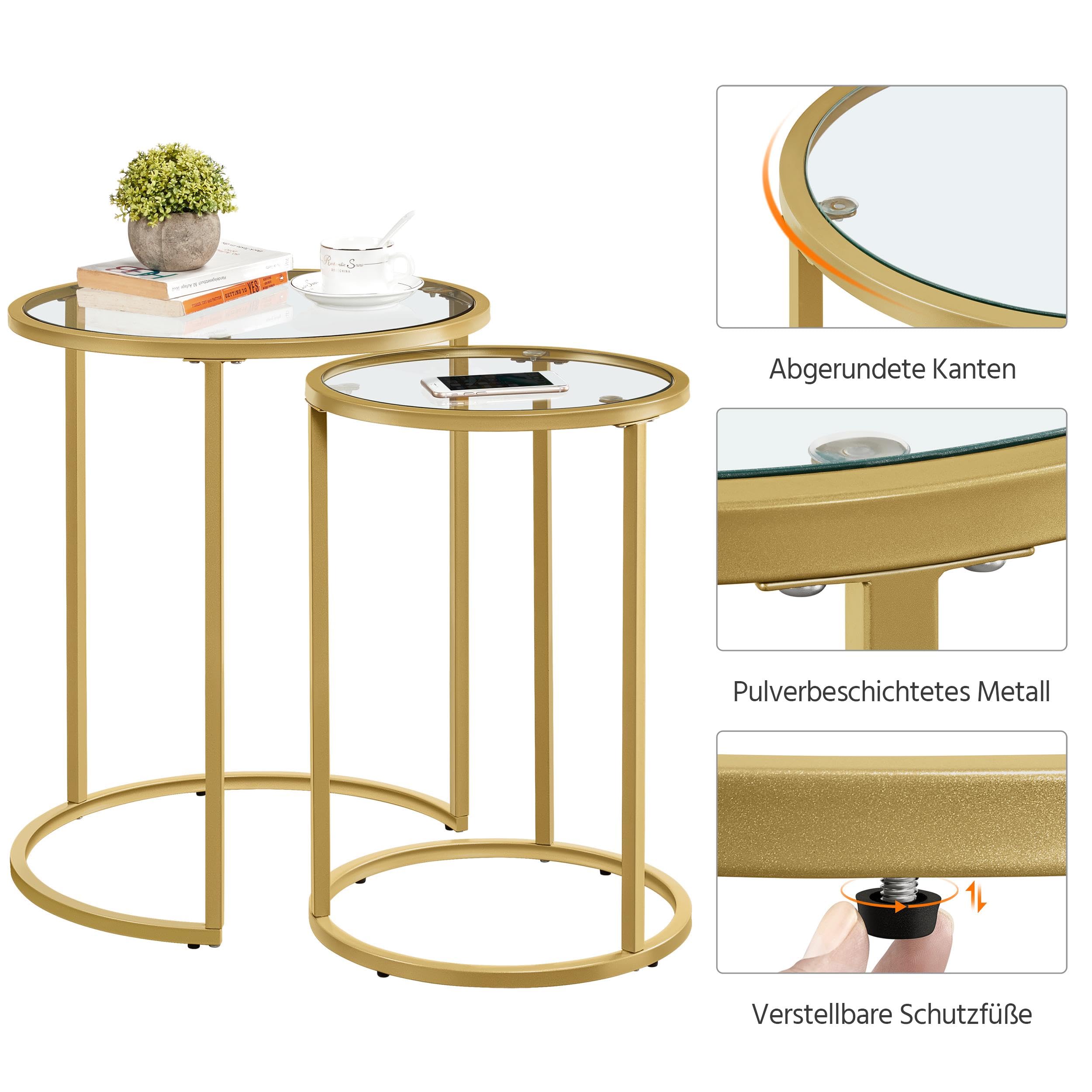 Yaheetech Satztische rund, 2er Set Beistelltisch, Couchtisch Glas, für Wohnzimmer, modernes Design, Metallgestell senf Gold, 49,5 x 49,5 x 59 cm
