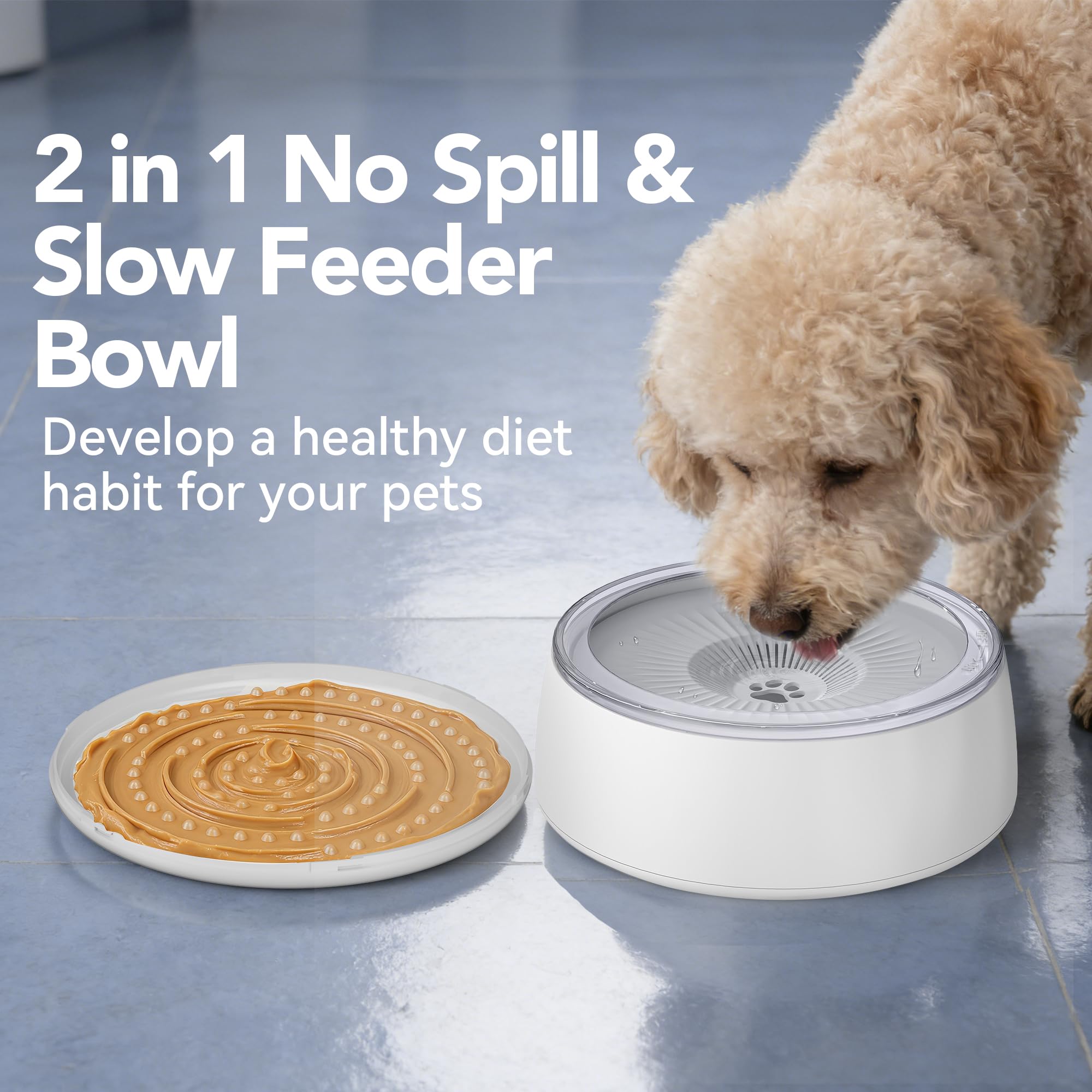 Newget Wassernapf für Hunde, 3 l, kein Verschütten, langsames Trinken, mit Filter und langsamer Futtermatte, spritzwassergeschützt, Reise-Wassernapf für Hunde, Katzen, Auto und Zuhause, Grau
