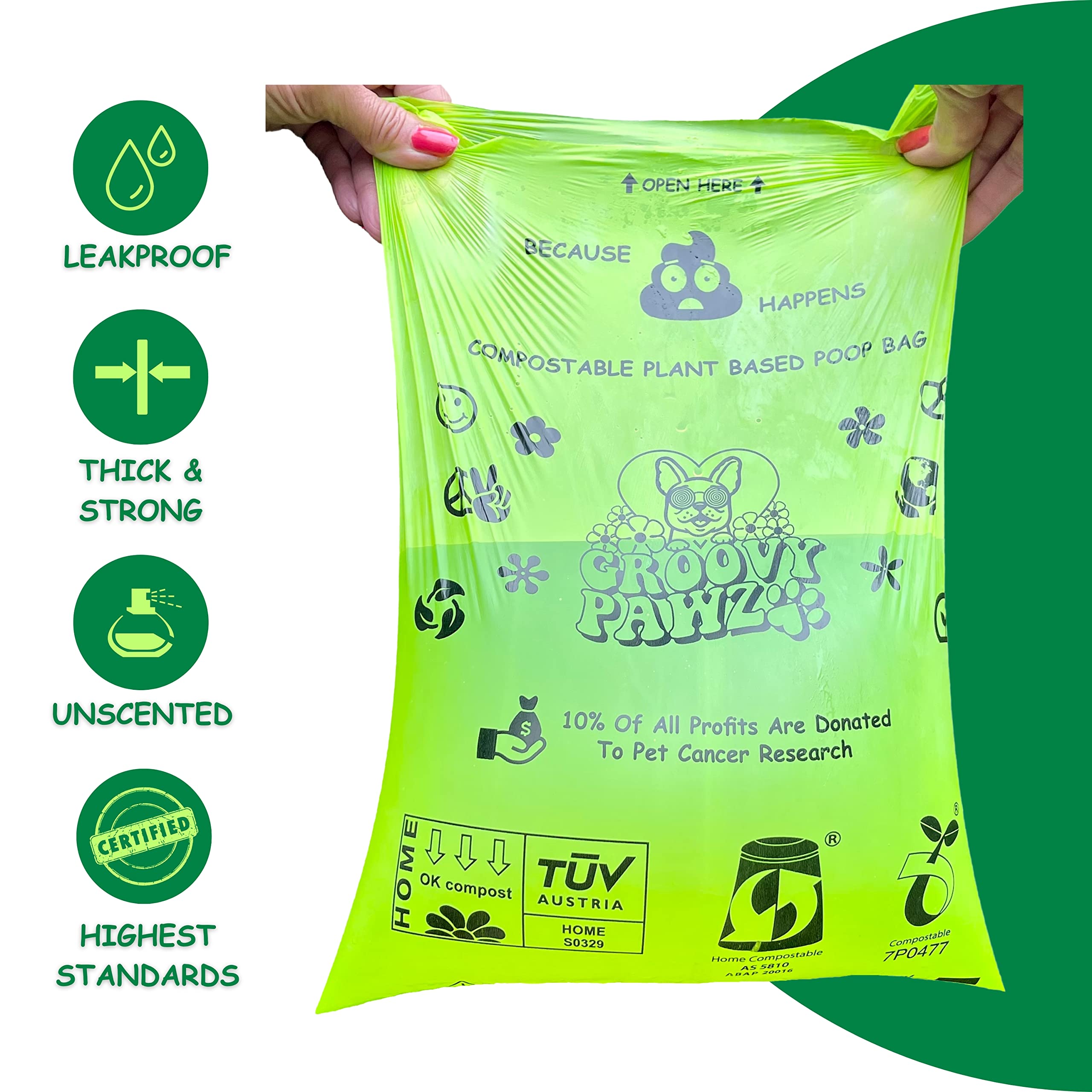 Bolsas compostables certificadas para excrementos de perro, 10% a caridad, bolsas para excrementos de perro a base de plantas, 120 unidades, ecológicas y respetuosas con el medio ambiente,