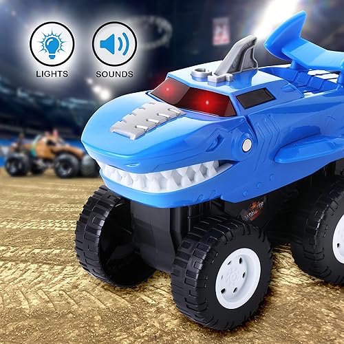 Miniatura 4 de Dinosaurio Monster Trucks - 2 camiones de juguete para niños pequeños que funcionan con pilas, luces y sonidos, T-Rex rugiente, dinosaurio tiburón,