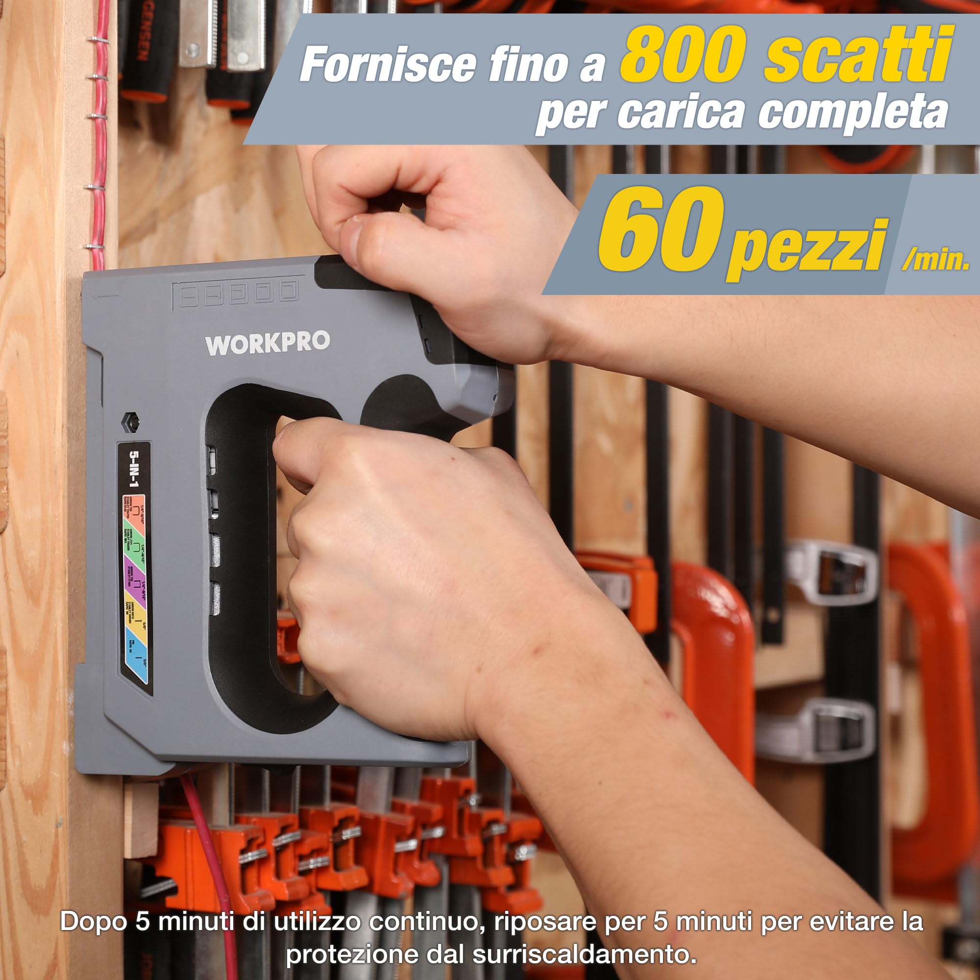 WORKPRO 5-in-1 Graffatrice Elettrica a Batteria 3,6V, Pistola per Graffette con Batteria da 2000mAh per JT21, T50, T20, BN18, PIN, Inclusi 2000 Graffette e Chiodi, Ideale per Decorazioni, Falegnameria