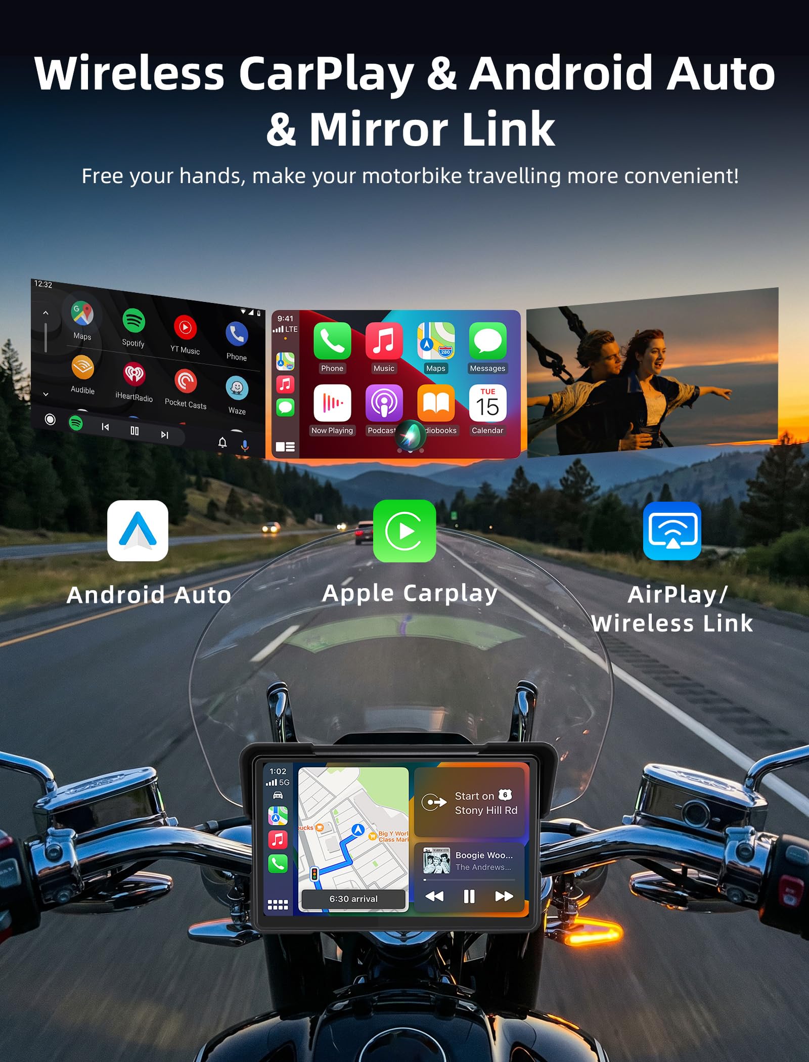 Jansite Carplay Moto da 7 Pollici Navigatore Andrpid Auto Display Impermeabile IPS 2.5D Bluetooth Siri/Assistente Google