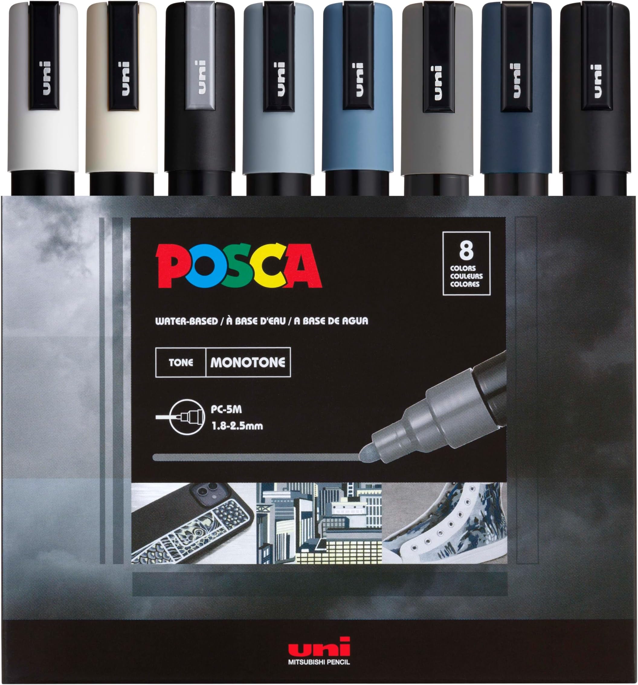 Markers Set, 8 Medium Paint Markers 5M – Mono Tone – White, Ivory, Silver, Grey, Navy Blue, Black