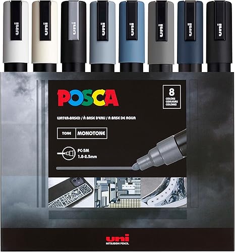 posca Juego de rotuladores, 8 marcadores de pintura medianos de 16.4 ft, tono mono, blanco, marfil, plata, gris, azul marino, negro