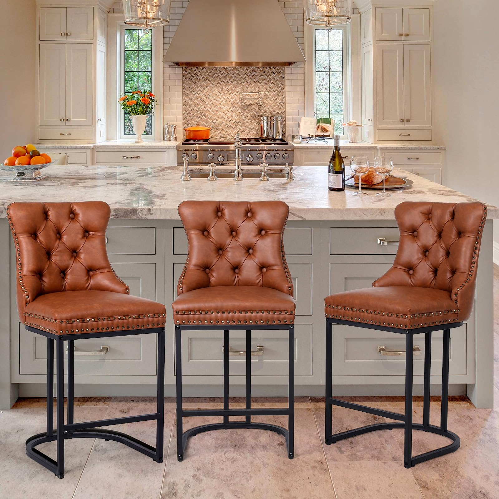 UVV Counter Height Bar Stools Set of 3, 26" Modern Barstools with Back, Faux Leather Upholstery Counter Chairs with Metal Legs for Kitchen Island, Bar