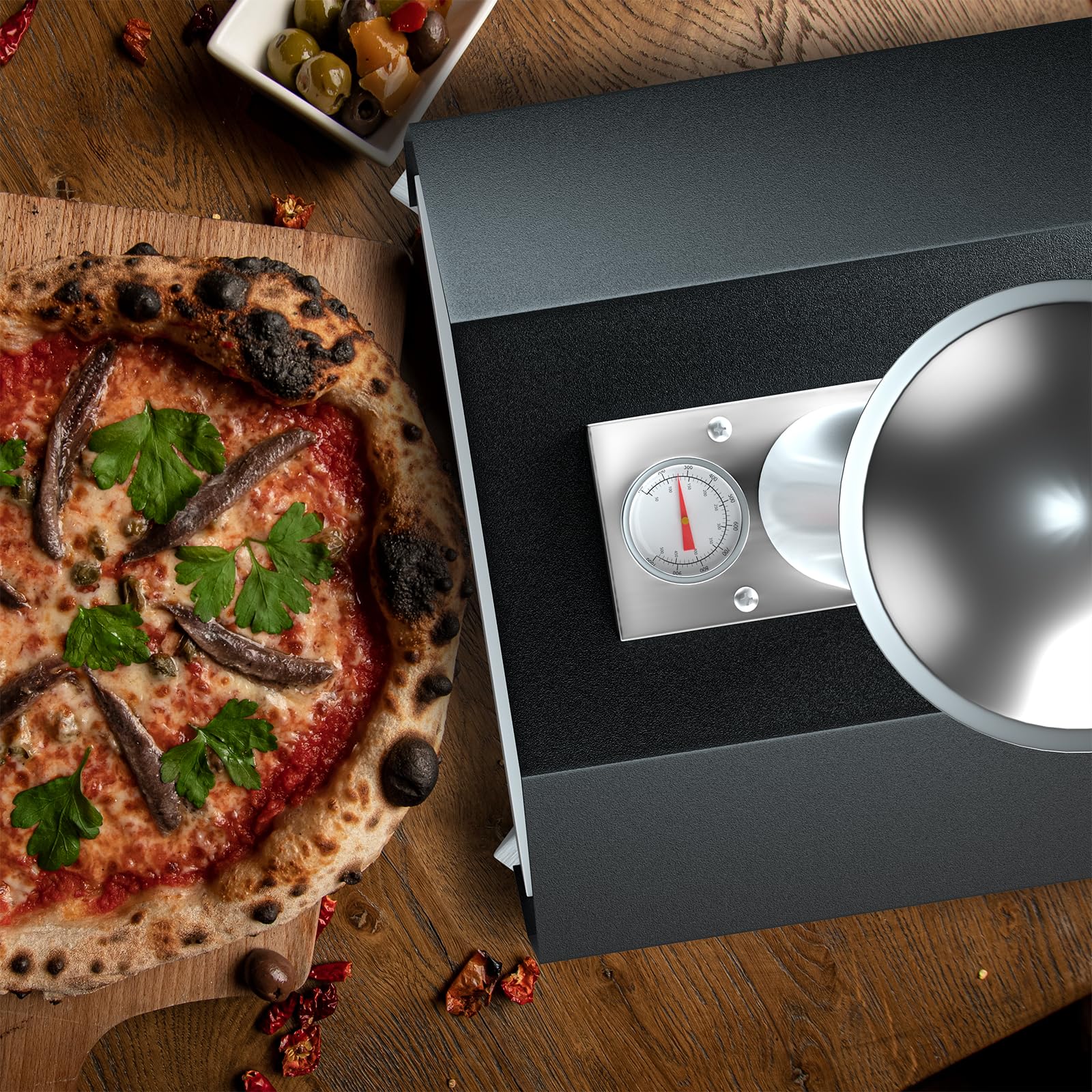 GOPLUS Four à Pizza Pliable 3 Couches Acier Inoxydable avec Thermomètre, Pierre à Pizza, Portable au Feu de Bois pour Extérieur