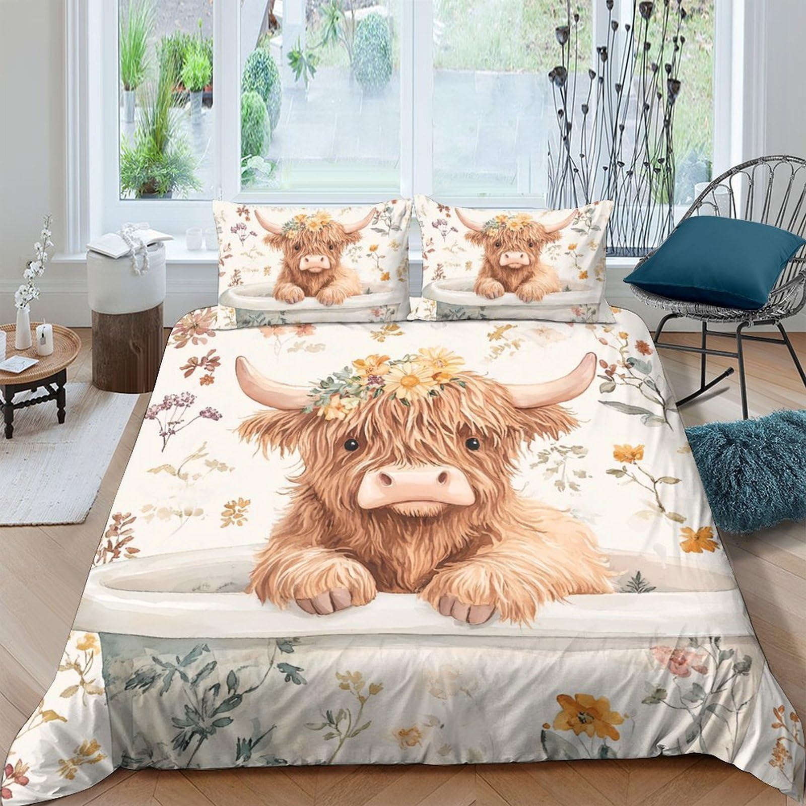 Ctjqhvkz Style-4 3D Printed Highland Cow Fitted Sheet Microfiber Soft Beige Cartoon Floral Mattress Cover For Bedroom Dorm Apartment Decor Single（135X200cm）