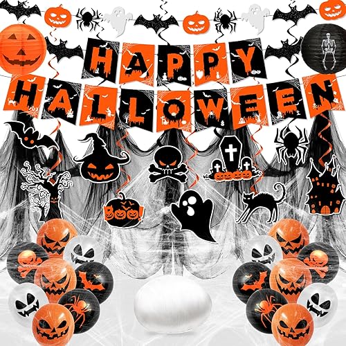 Decoraciones de Halloween, decoraciones de fiesta de Halloween naranja y negro, remolinos colgantes, pancarta de araña de fantasma y murciélago,