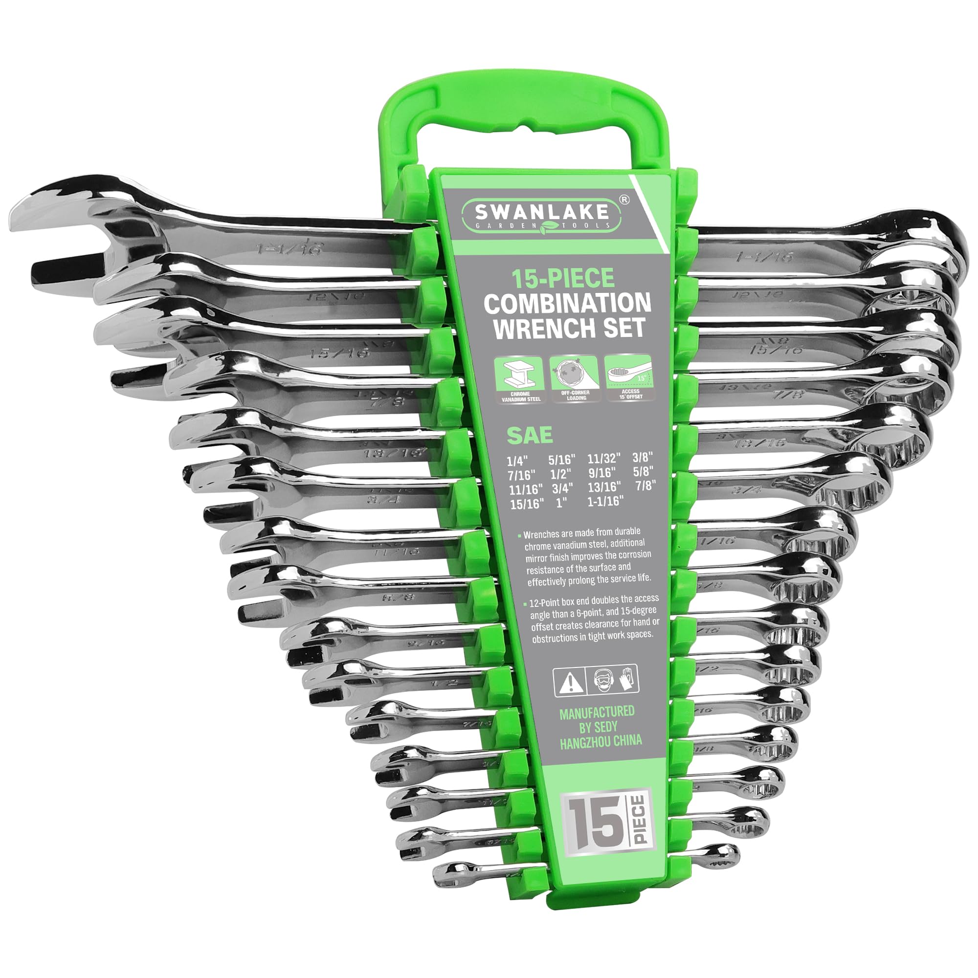 SWANLAKE GARDEN TOOLS15-Piece SAE Wrench Set, V Notch Premium Combination Wrenchs Set, SAE 1/4" to 1", Max Torque, 12-Point, Chrome Vanadium Steel, with Storage Rack